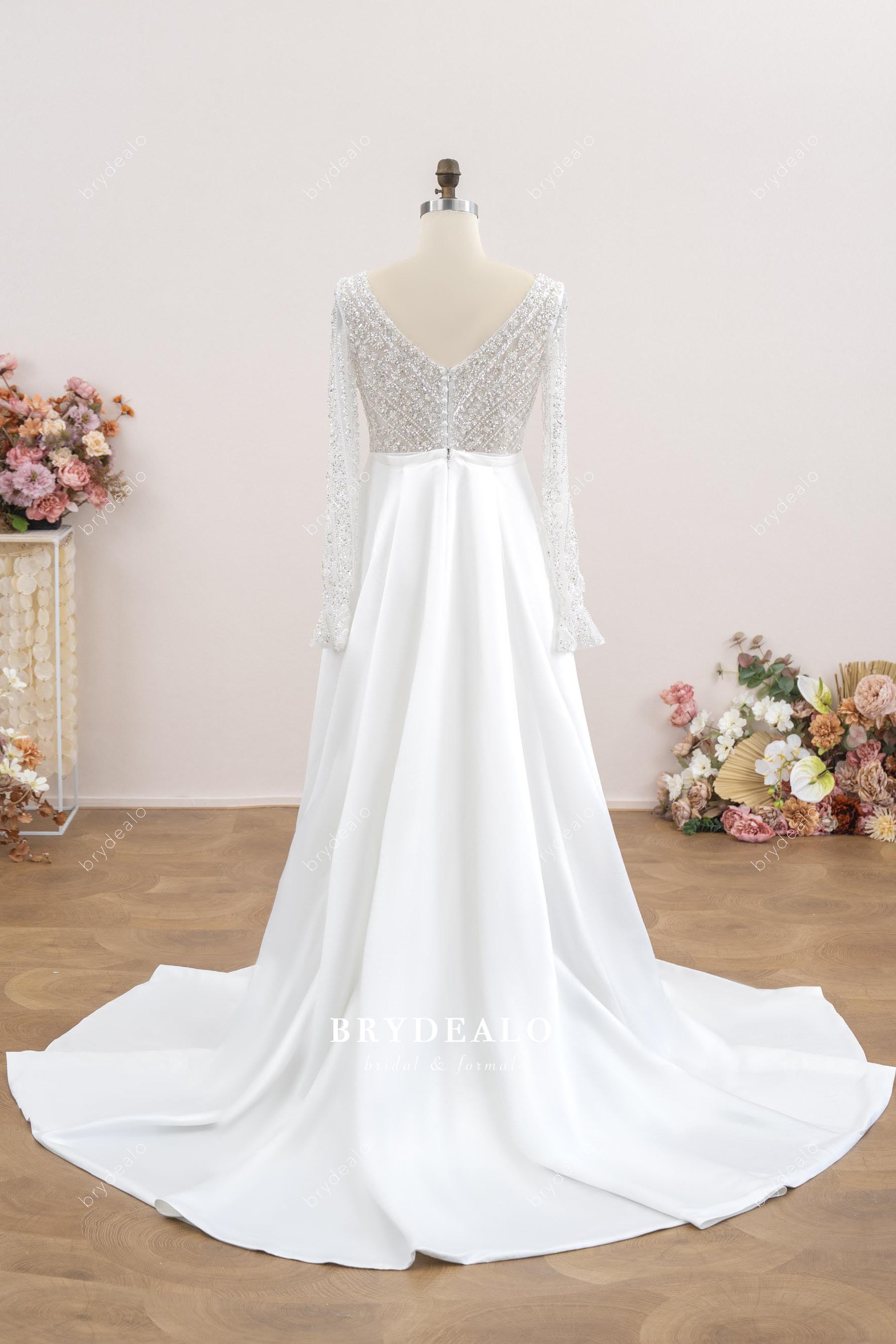 long over skirt beaded lace wedding dress