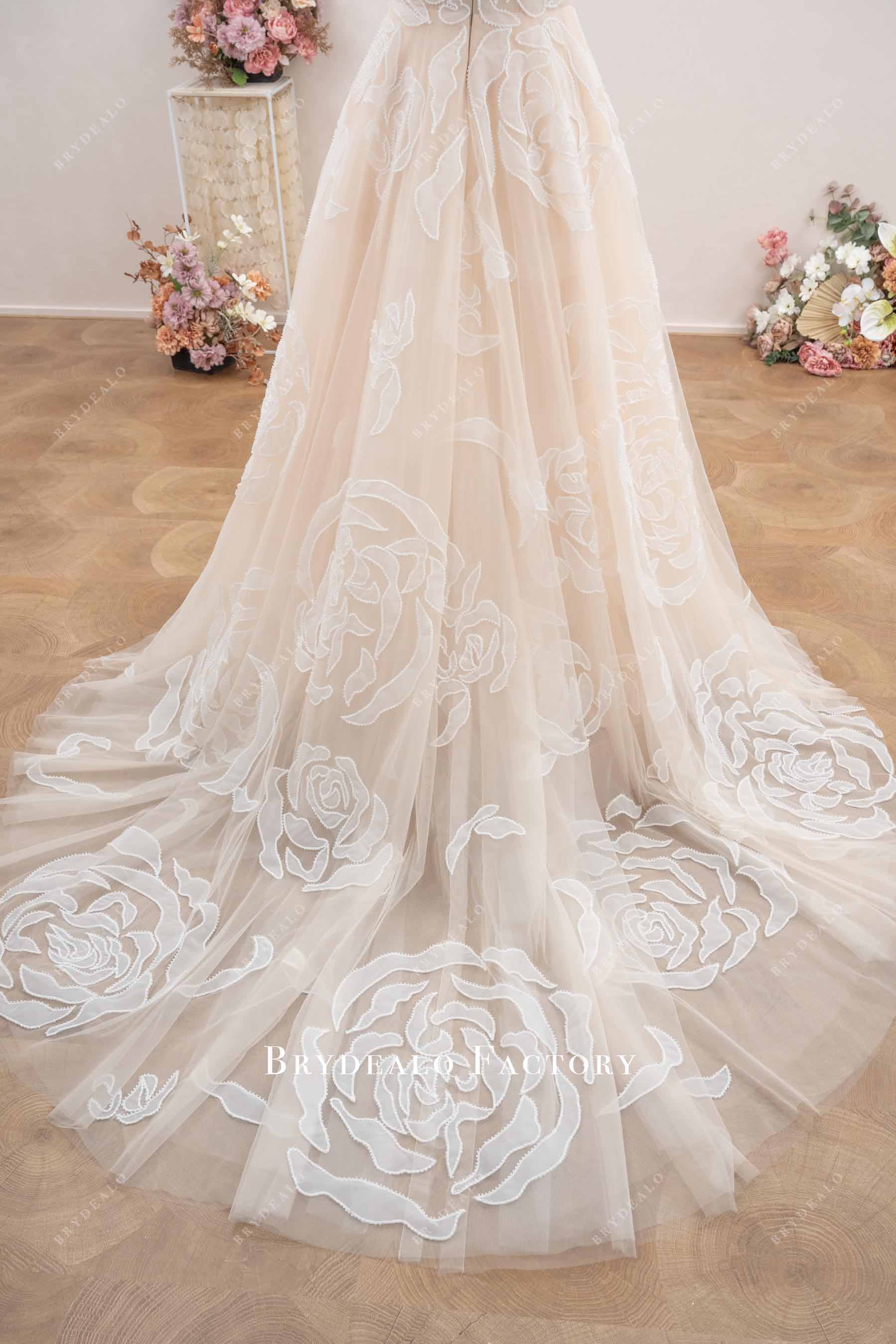 long rose flower train wedding dress