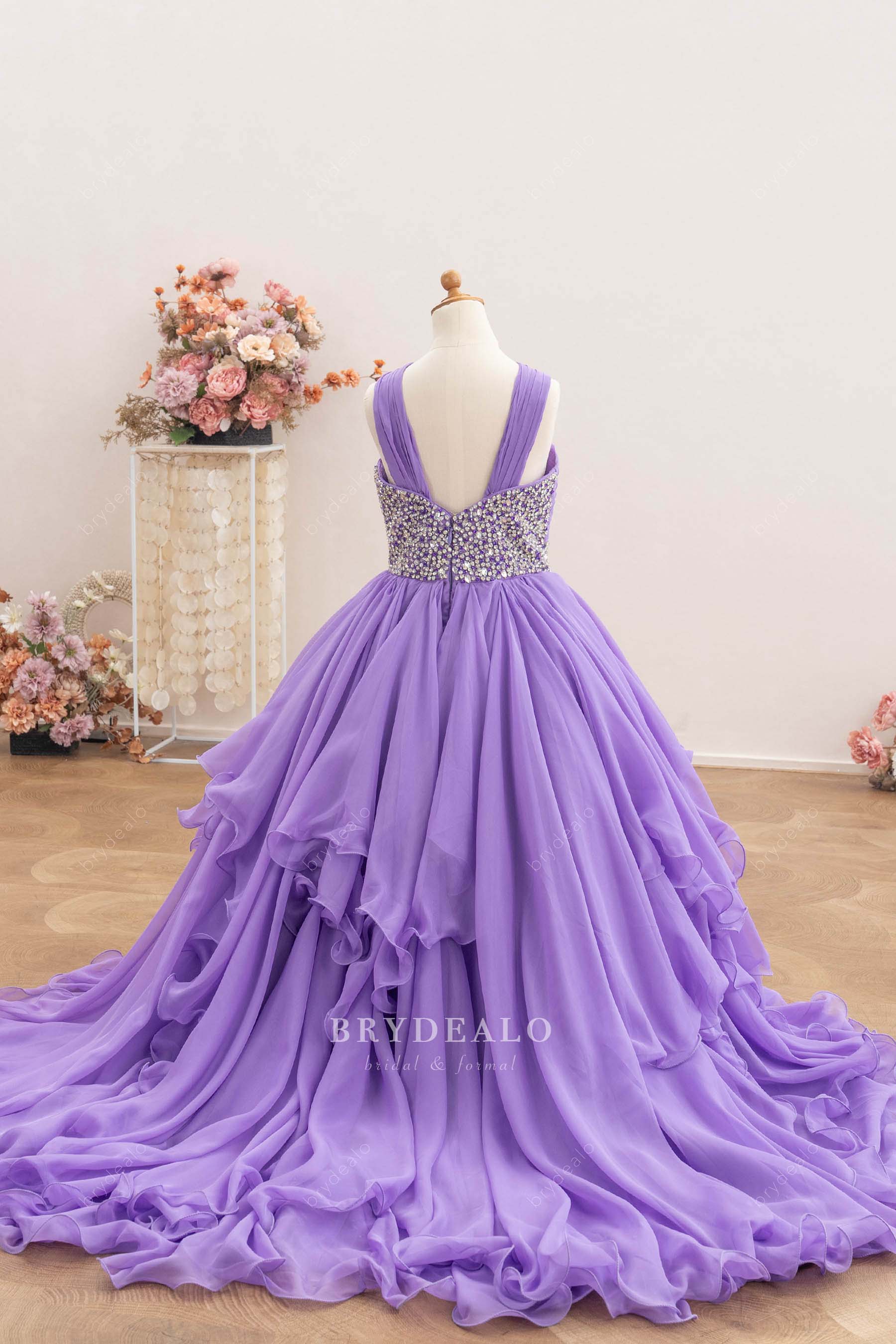 long ruffled chiffon kids pageant dress