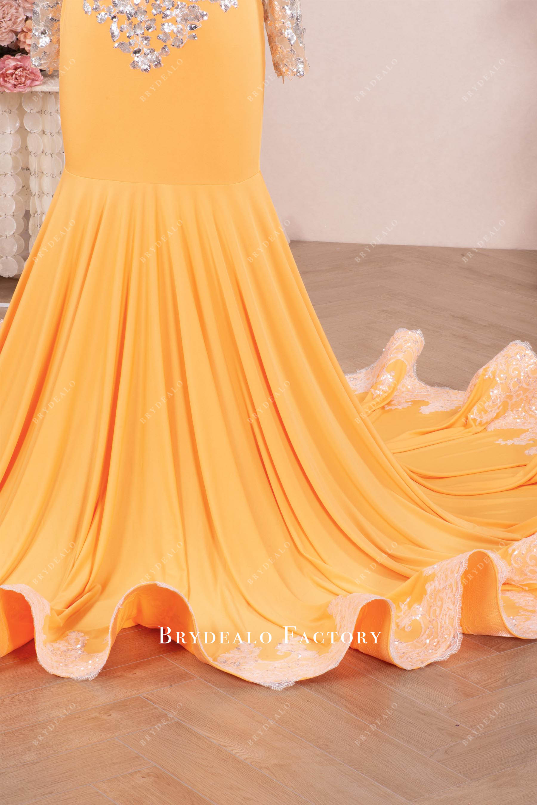 long ruffled sequin train prom dress