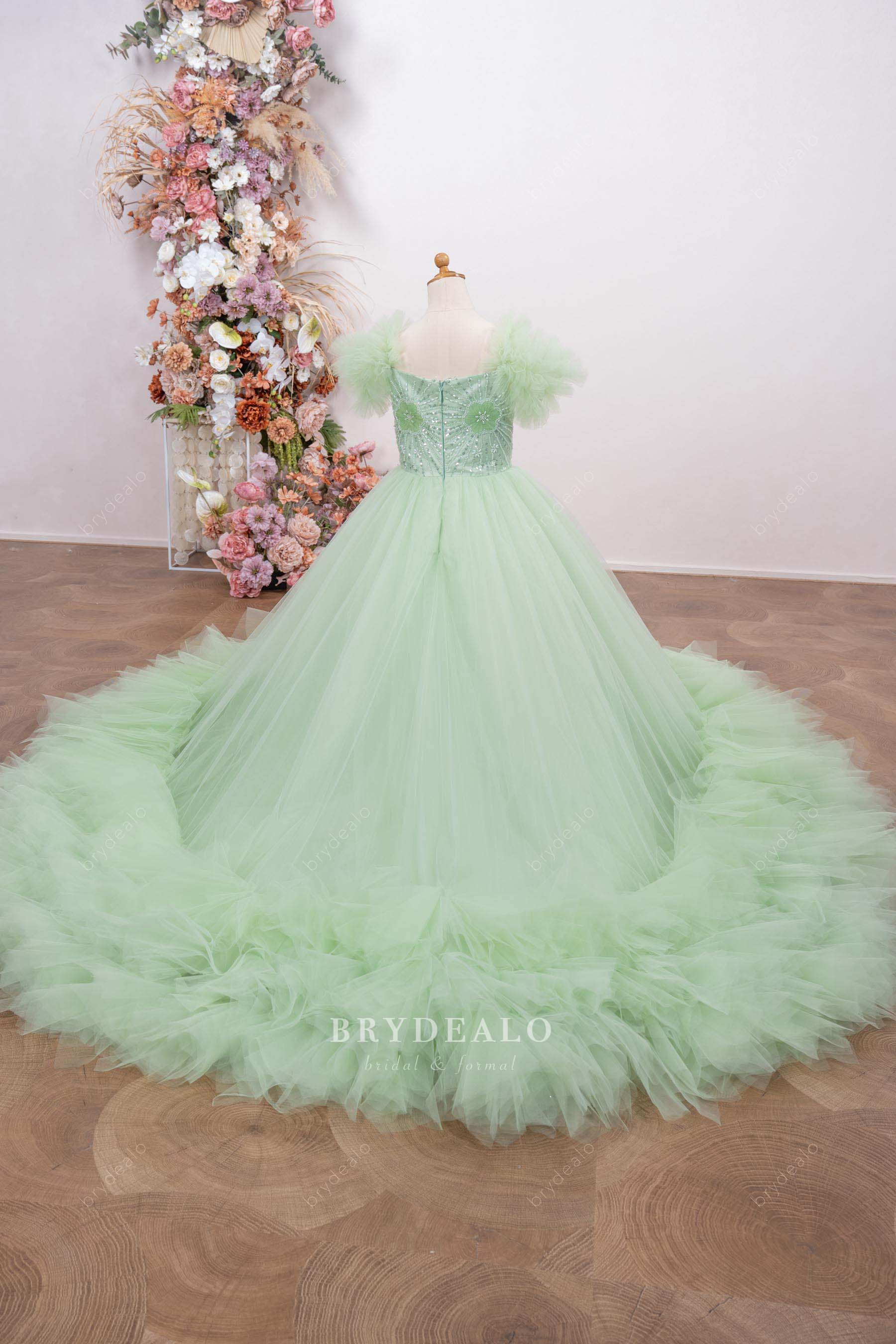 long ruffled train junior pageant dress