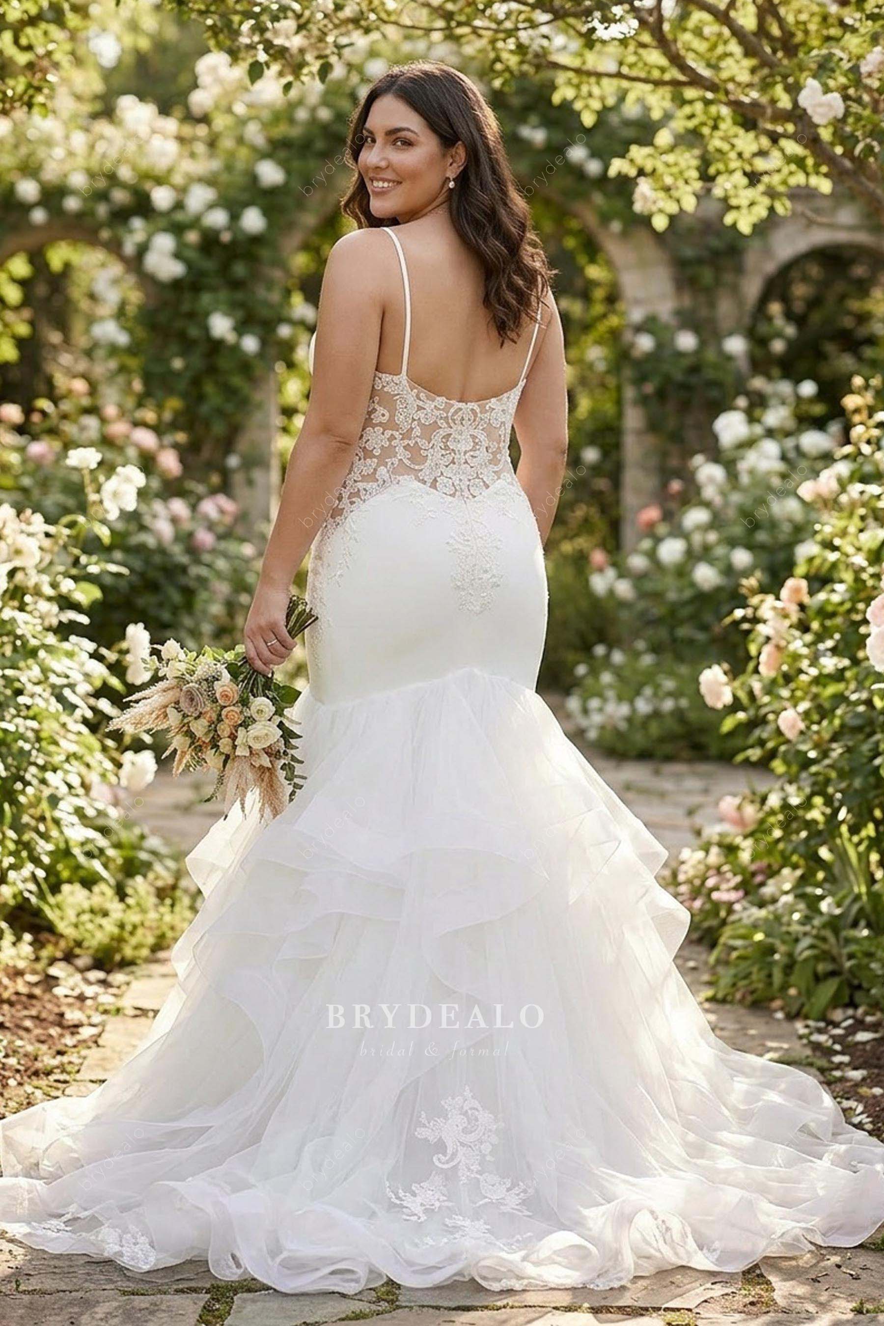 long ruffled train mermaid wedding dress