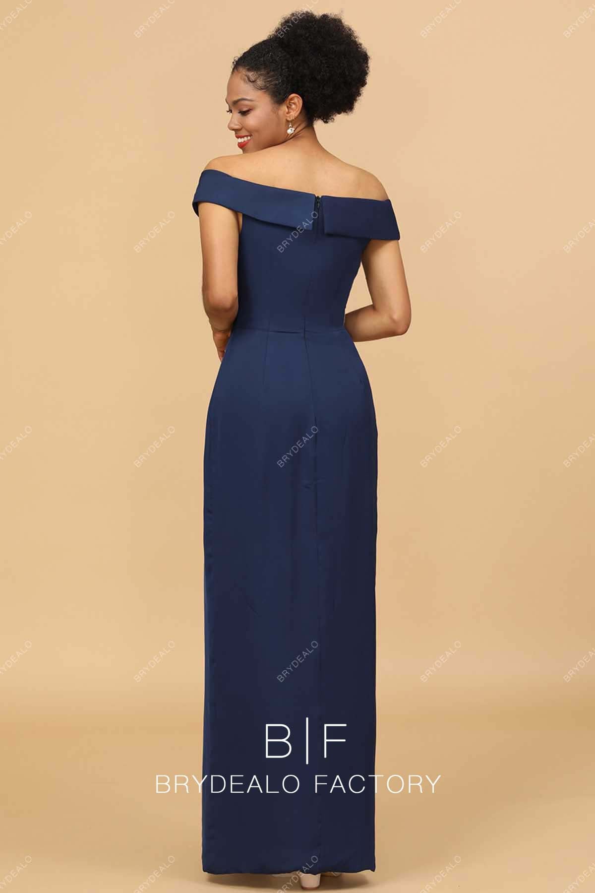 floor length navy blue sheath bridesmaid dress