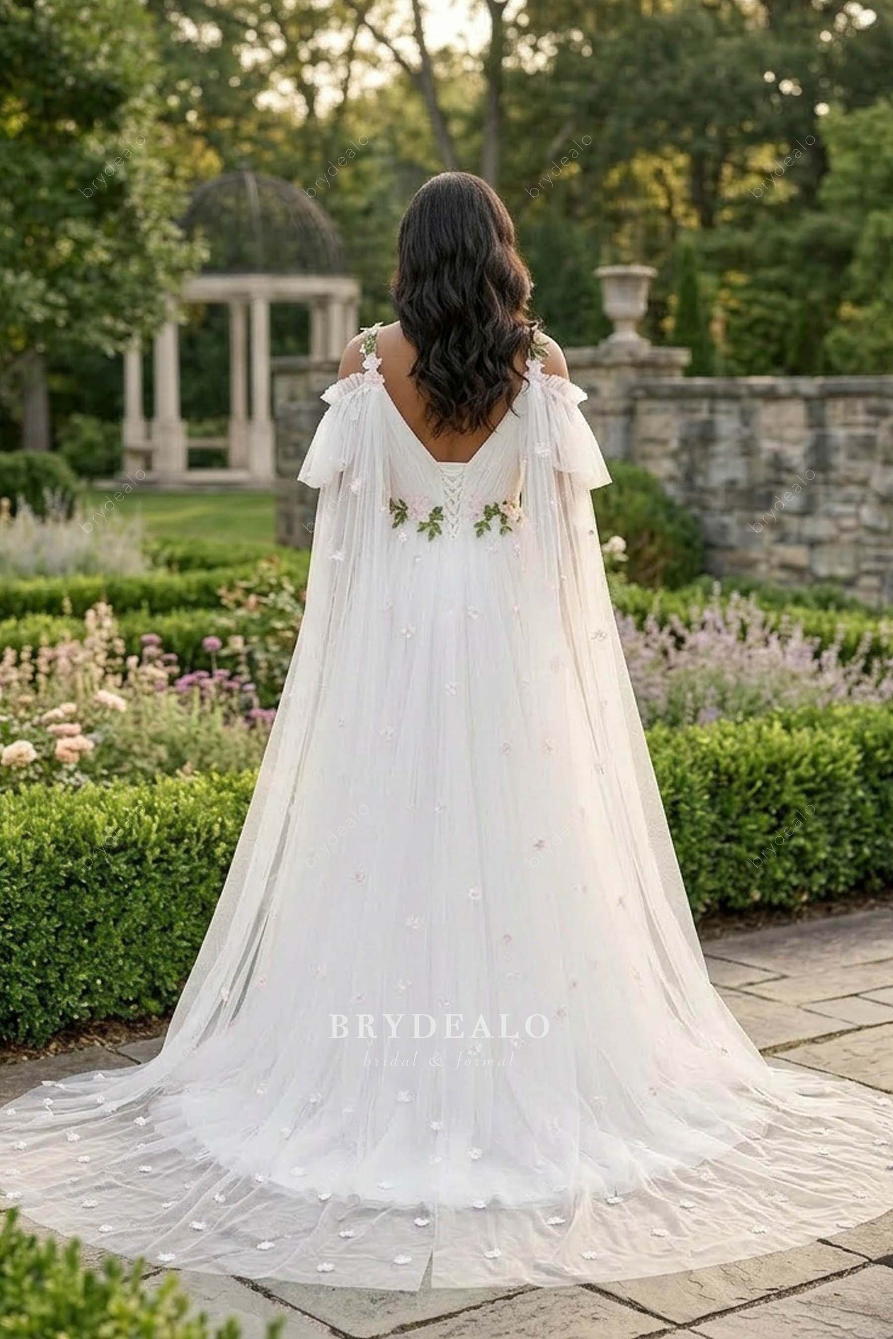long shoulder cape wedding dress