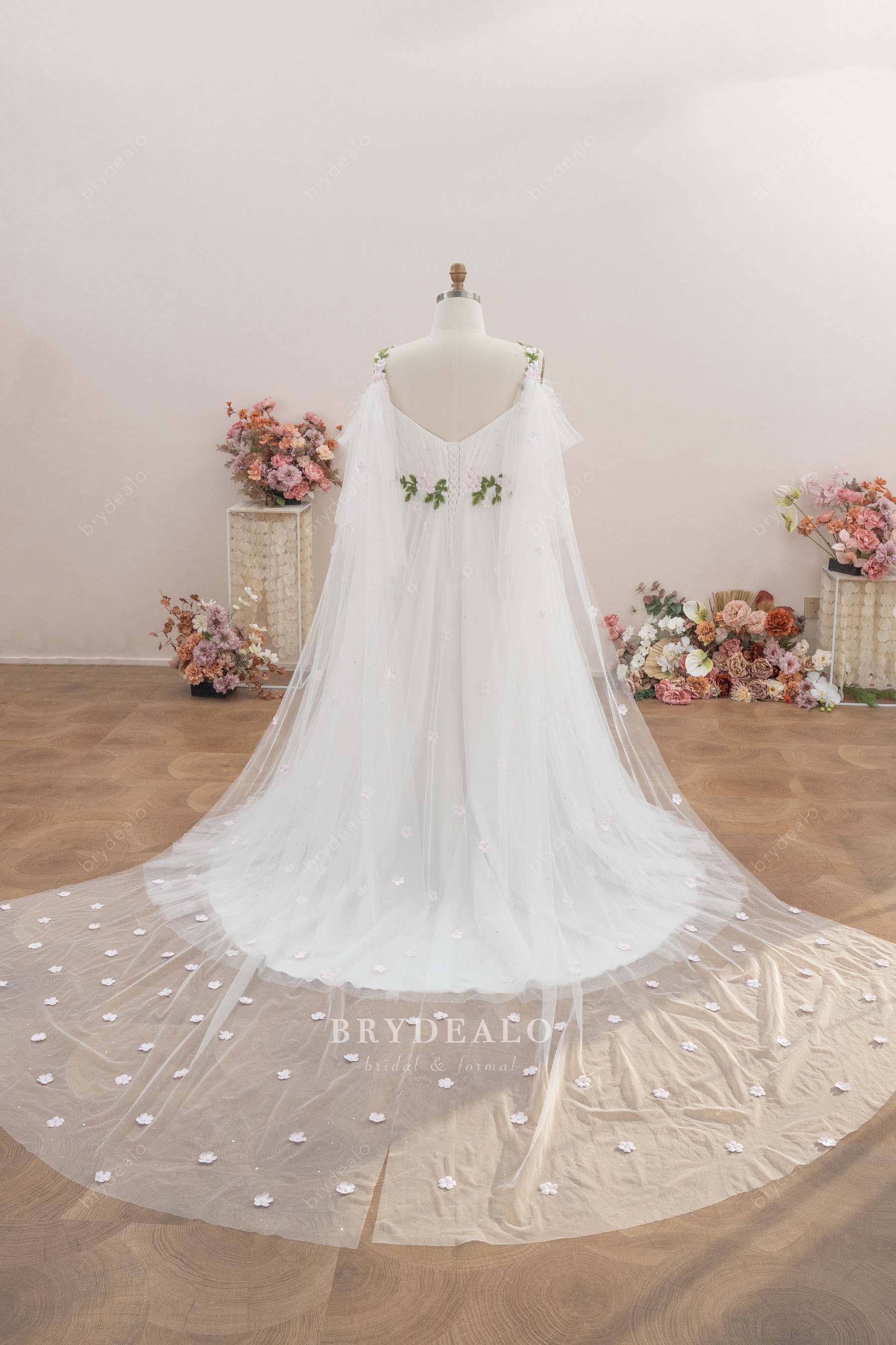 long shoulder veil flower wedding dress