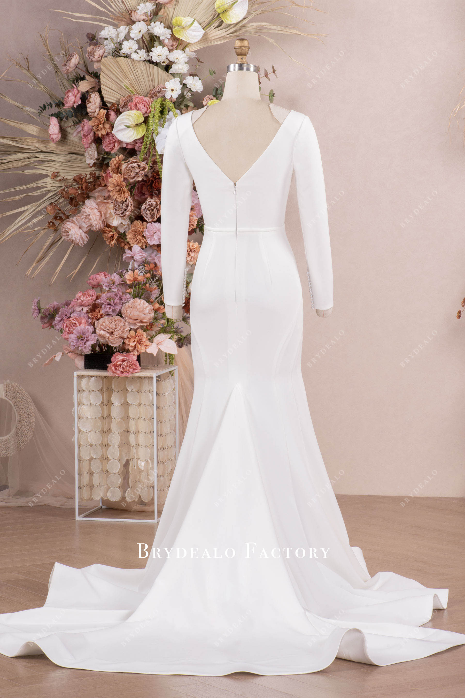 long sleeve V-cut back godet wedding dress