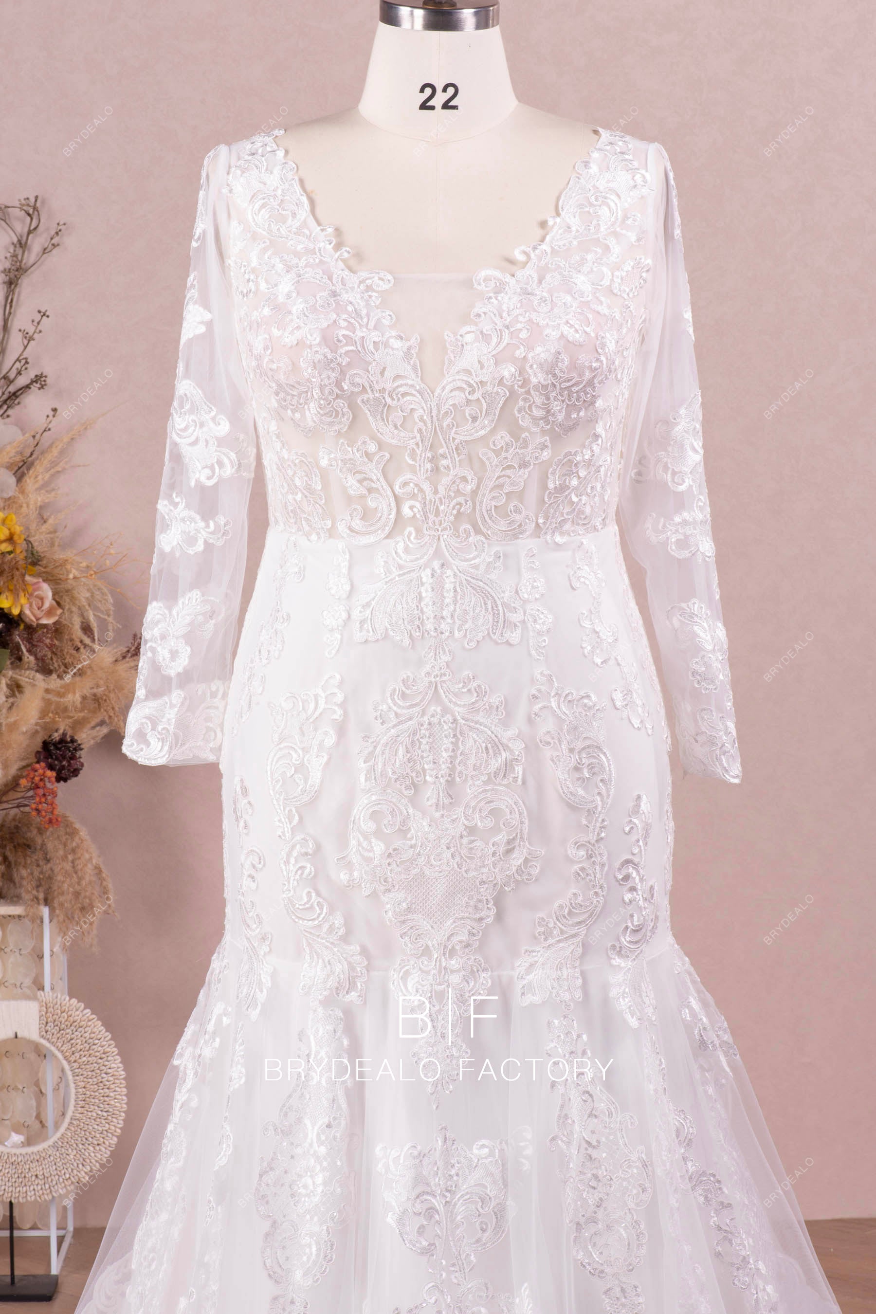 long sleeve V-neck lace wedding dress