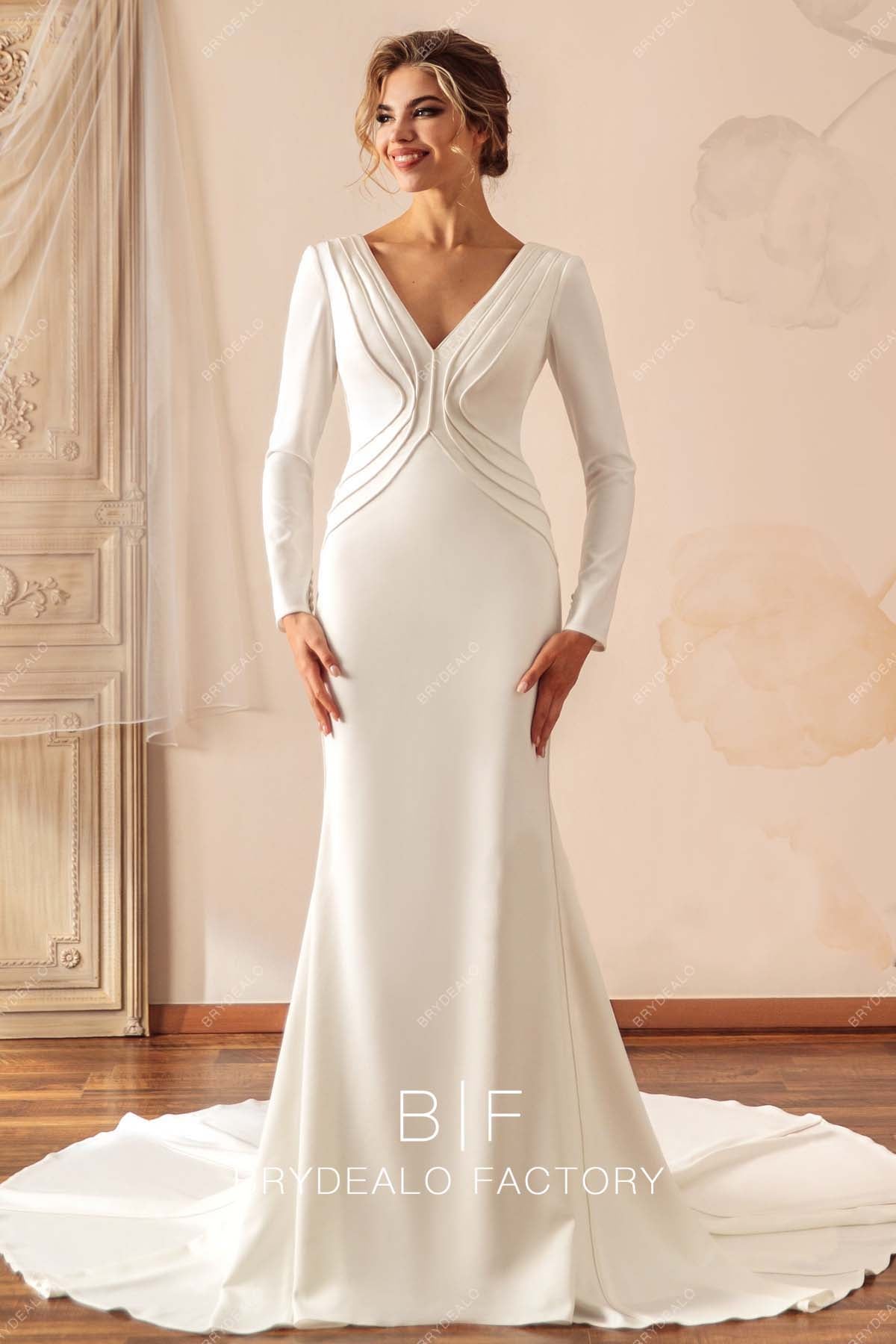 V-neck Long Sleeves Crepe Mermaid Wedding Dress
