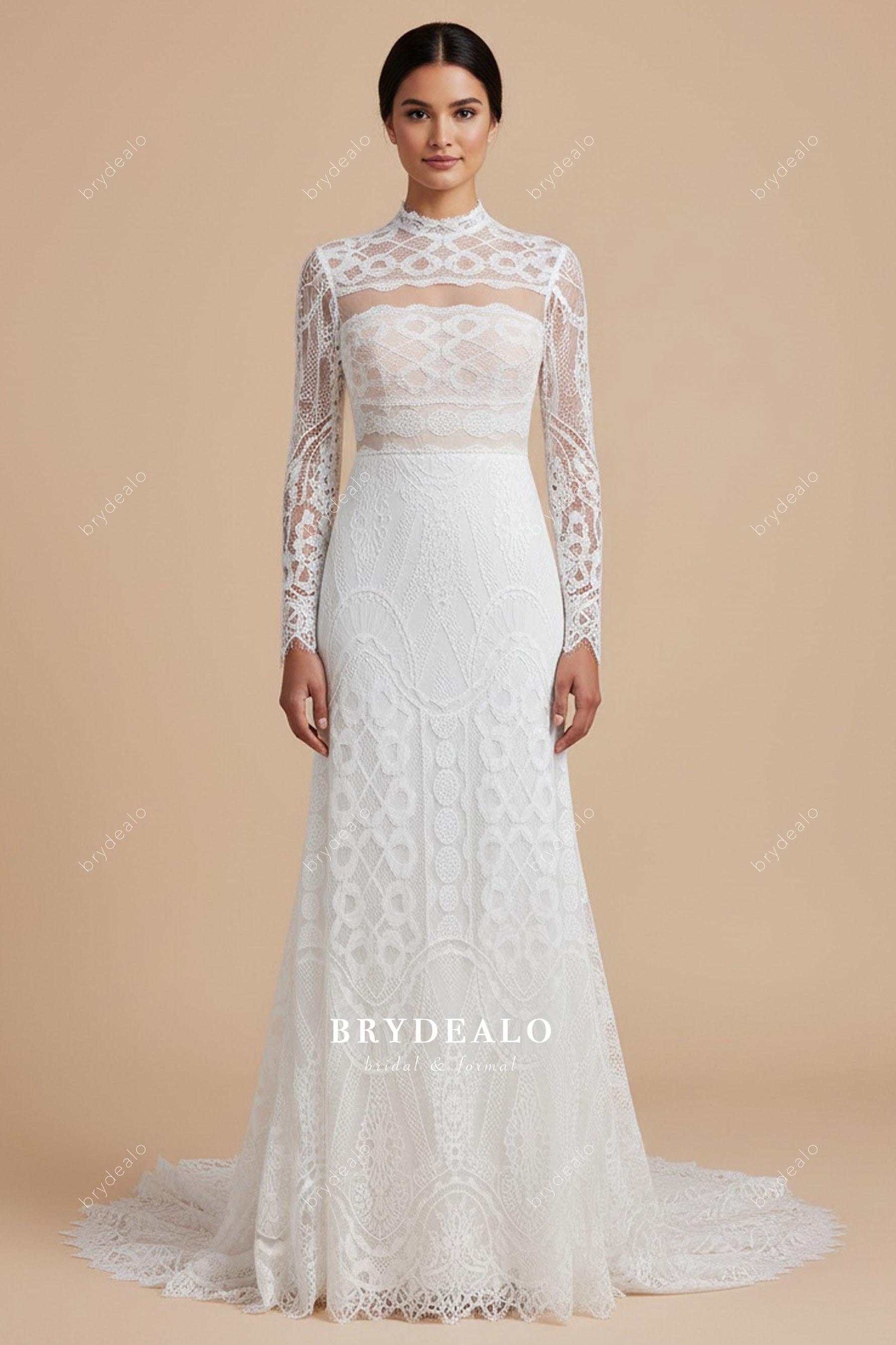 long sleeve lace fit flare boho wedding dress