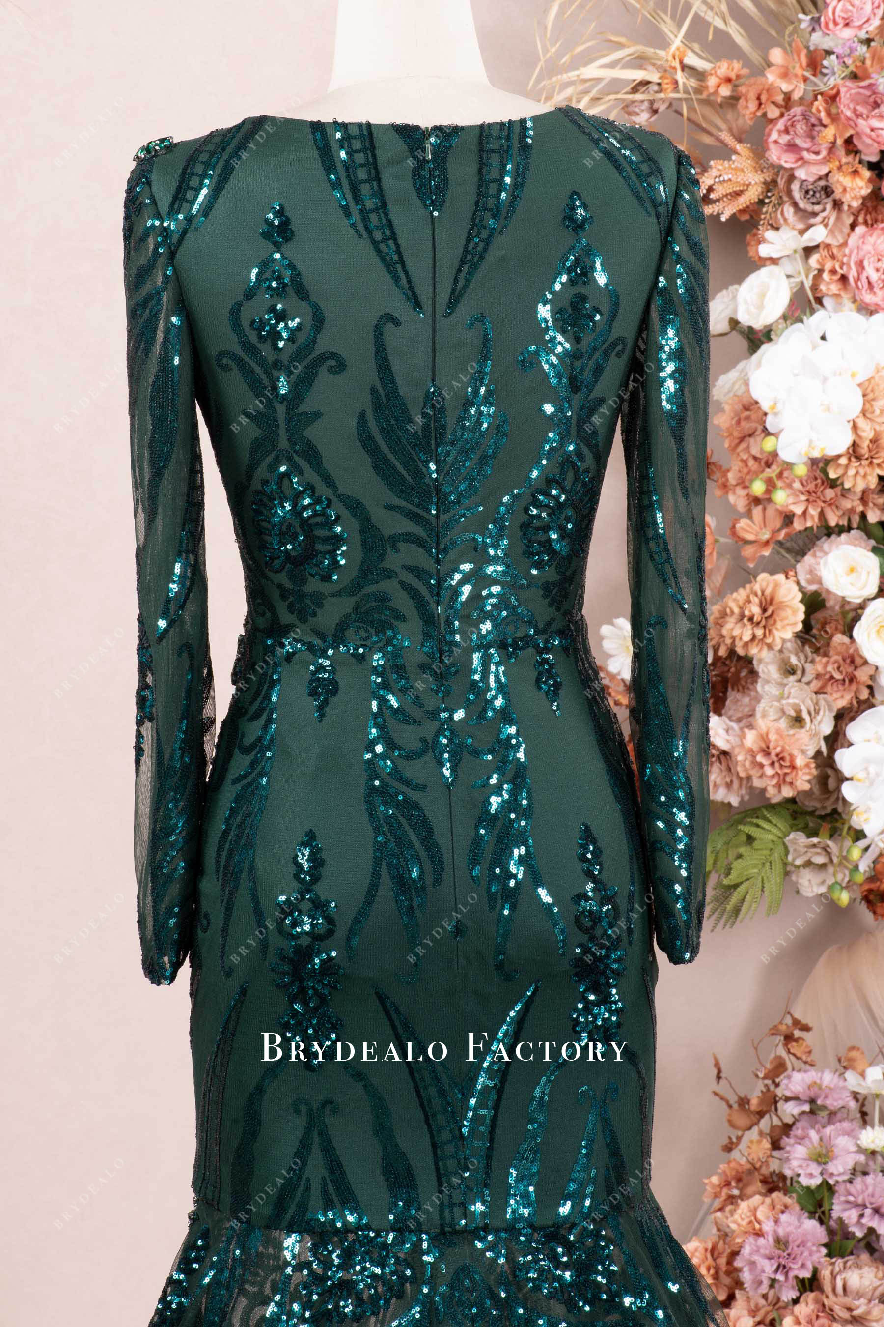 long sleeve patterned sequin prom dress