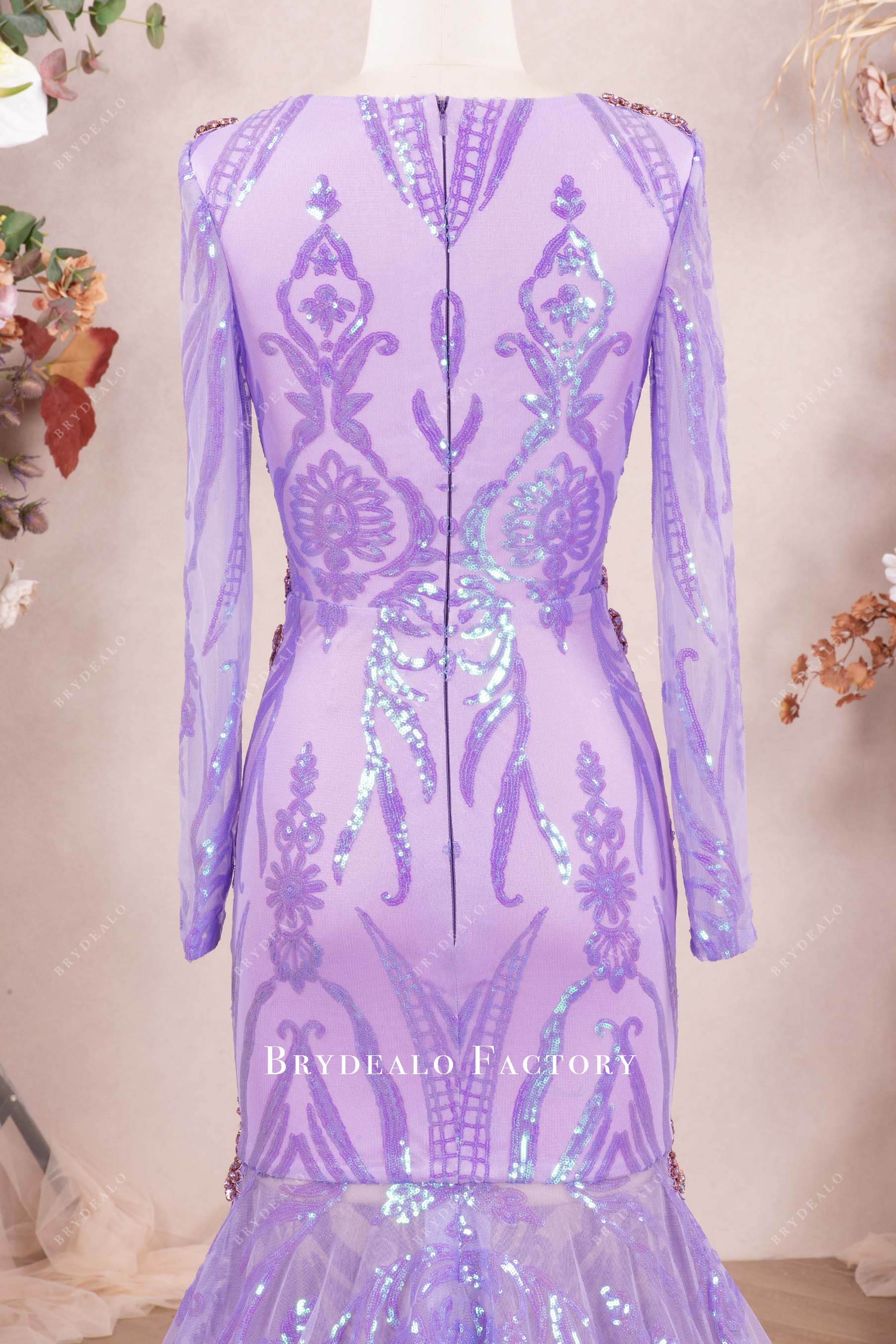 long sleeve patterned sleeve prom dress