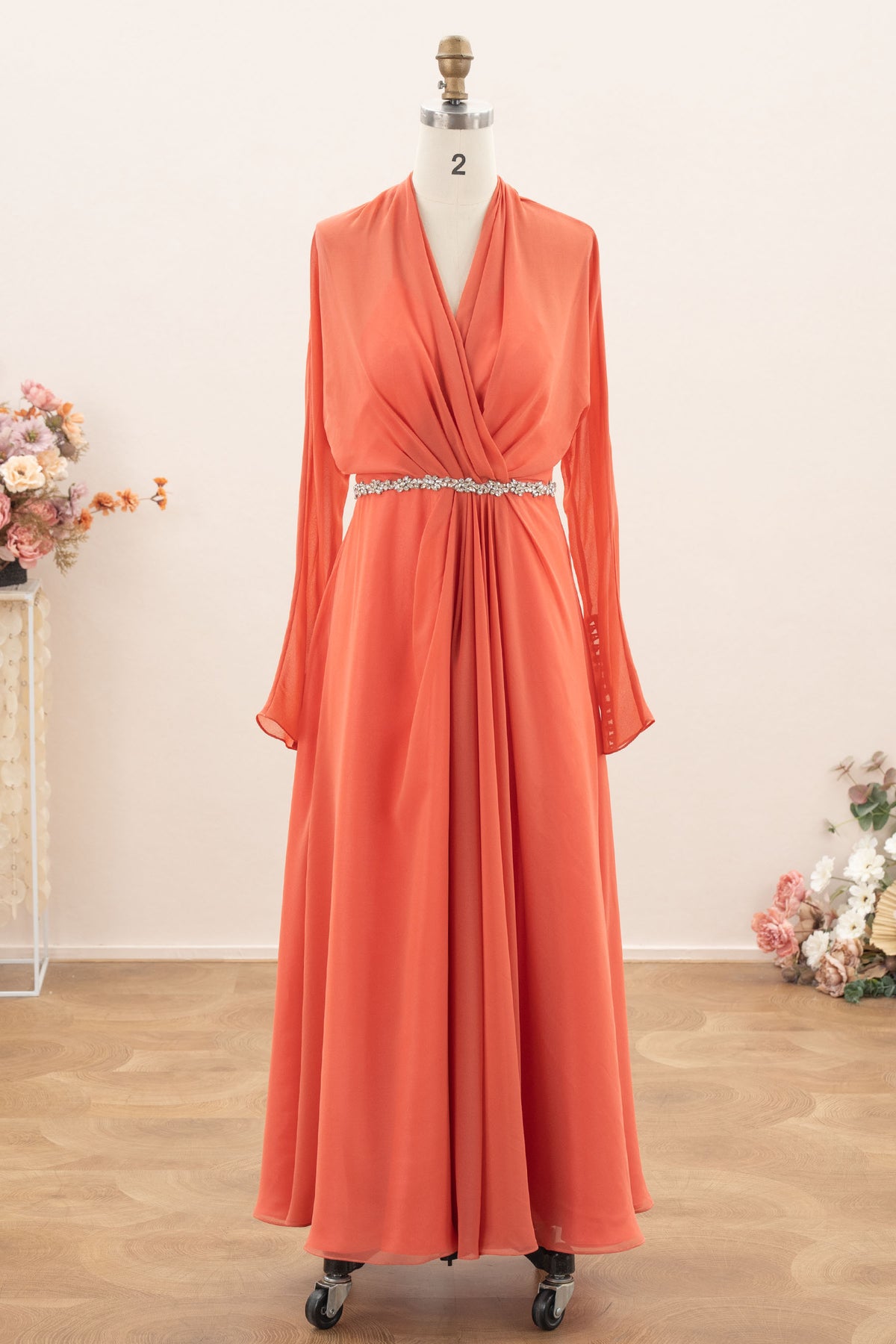 long sleeve pleated V-neck evening dress