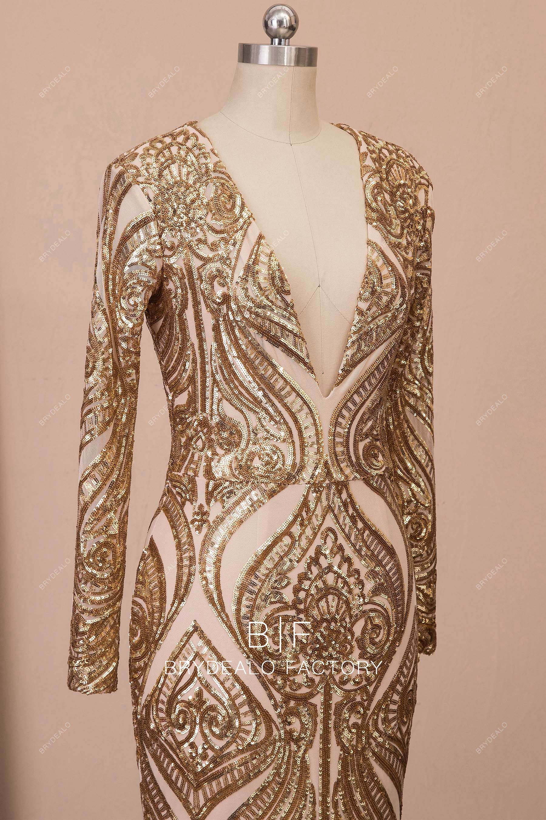 long sleeve plunging prom gown