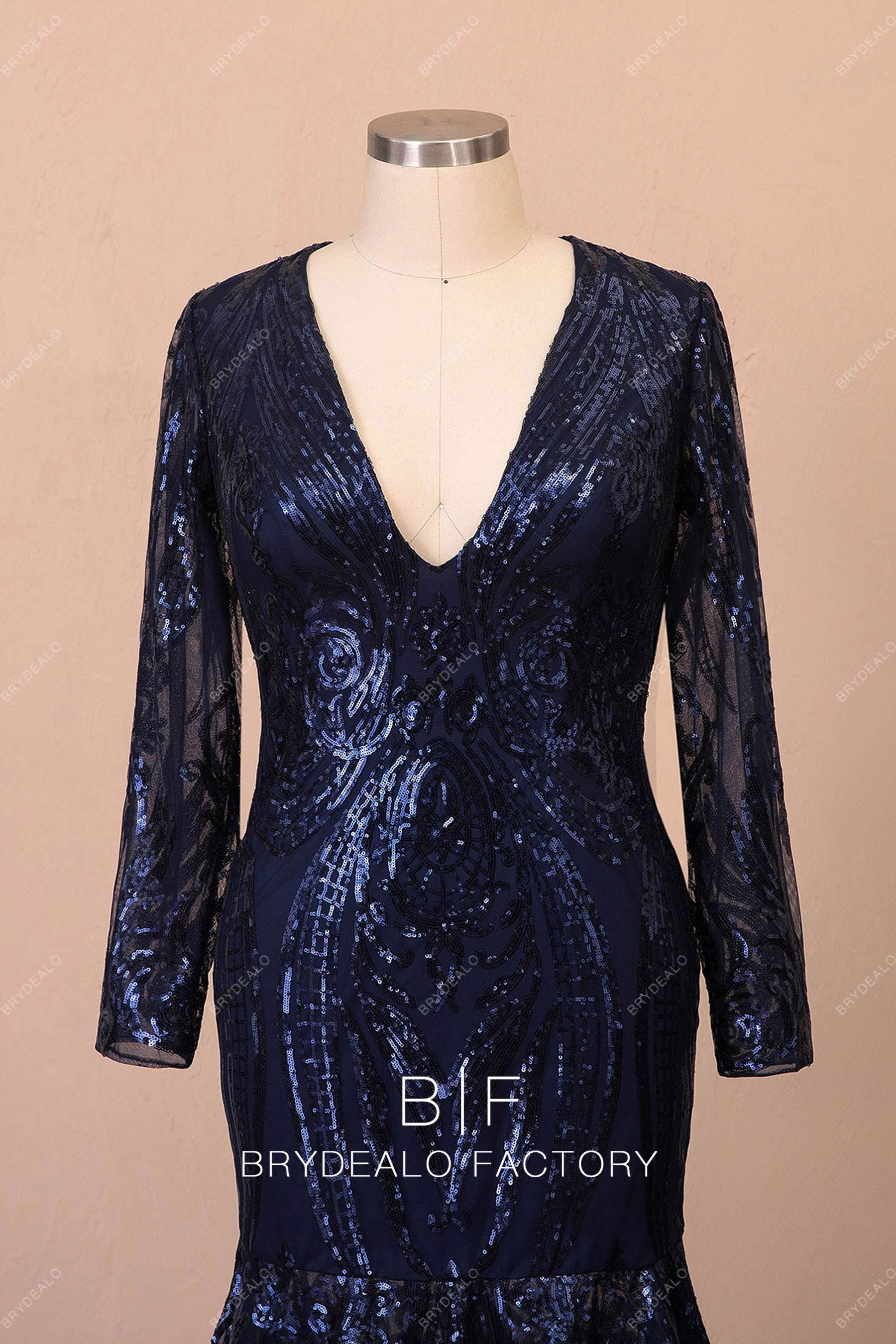 long sleeve V-neck formal dress