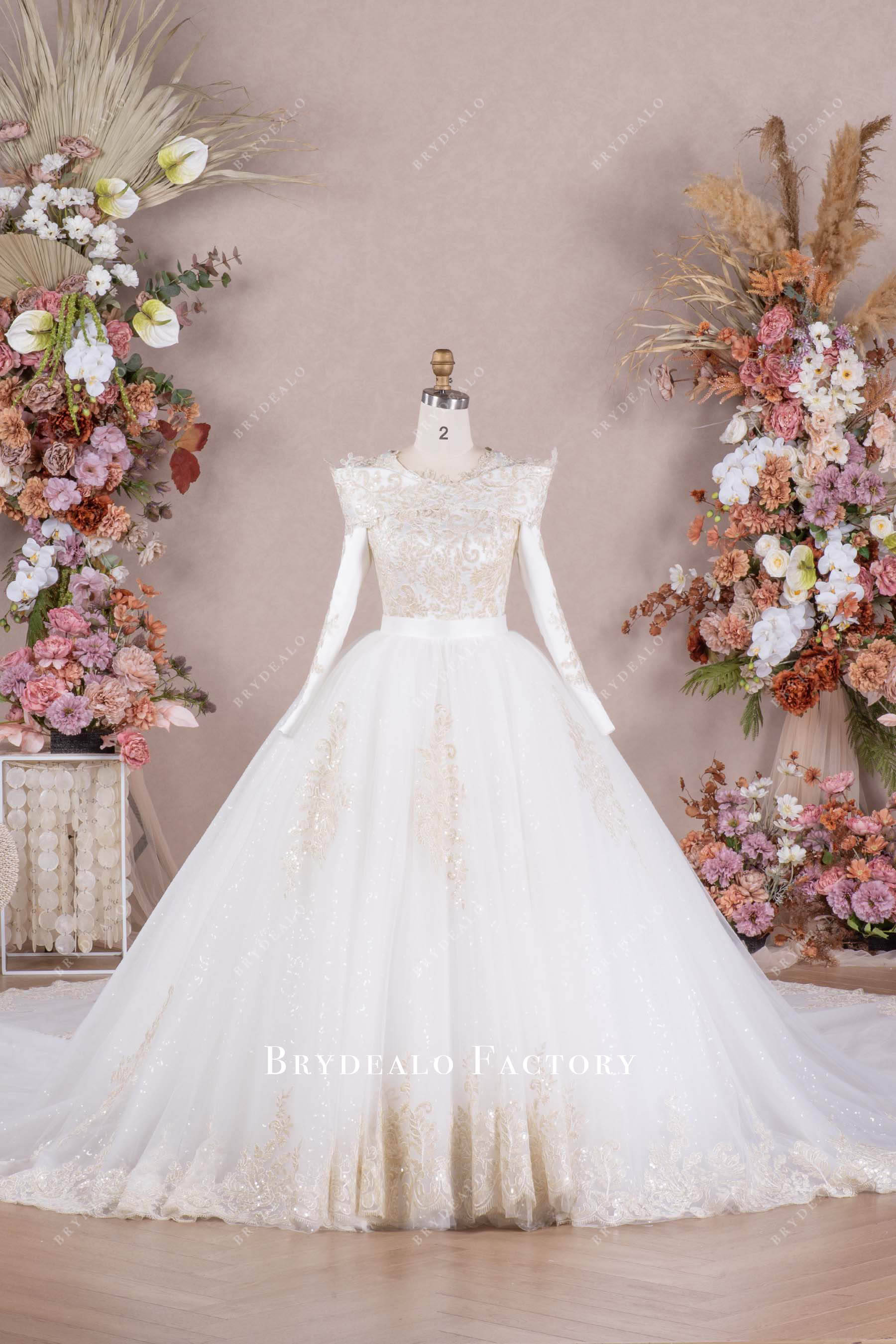 long sleeve wedding ballgown with long overskirt