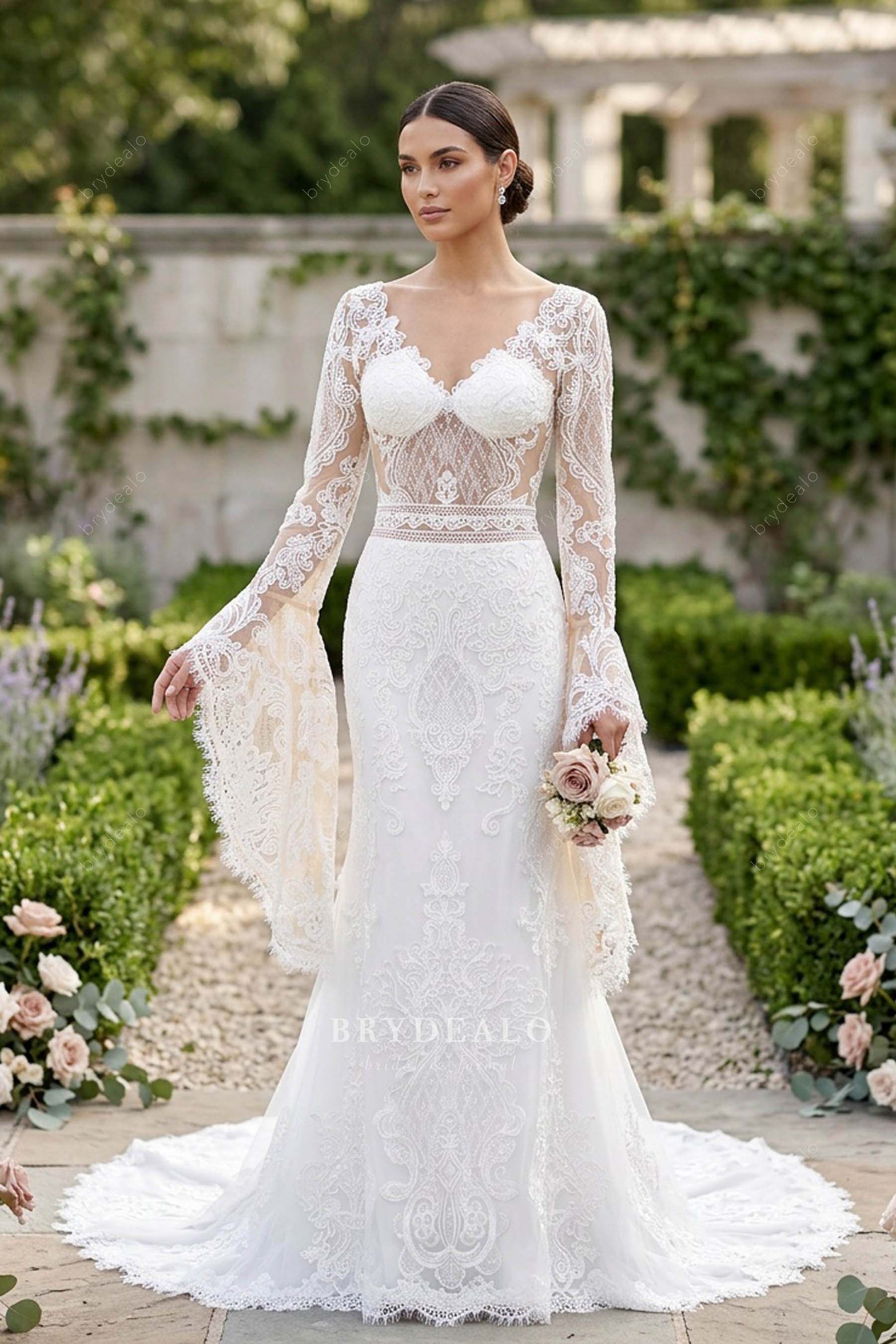 Boho Lace Bell Sleeves Fit and Flare Beach Wedding Gown