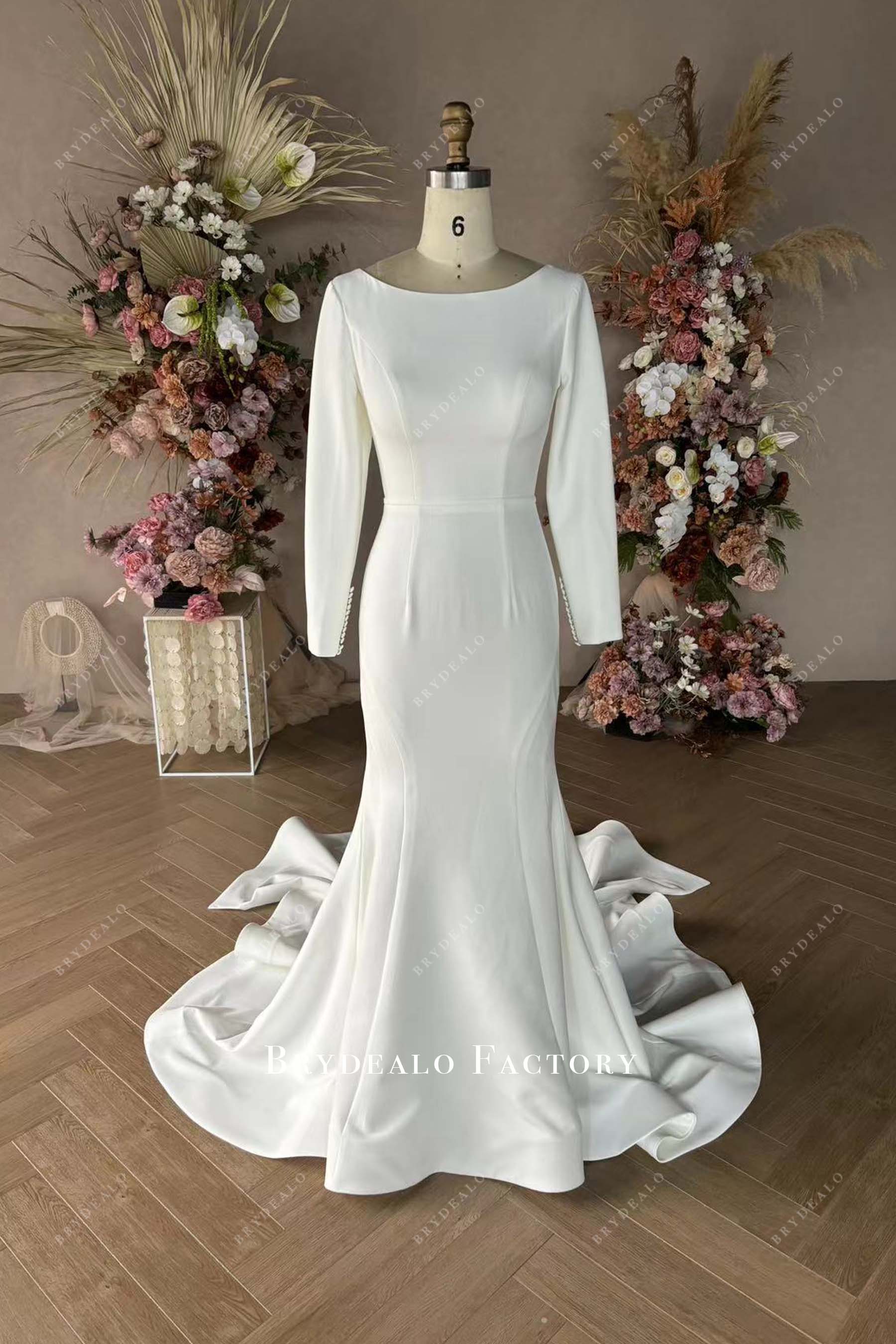 Private Label Crepe Long Sleeve Mermaid Wedding Dress