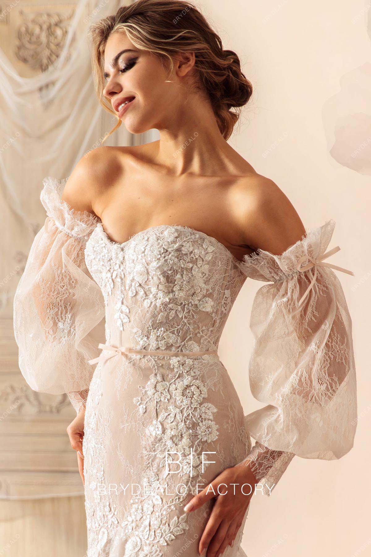 long sleeves off shoulder lace wedding dress