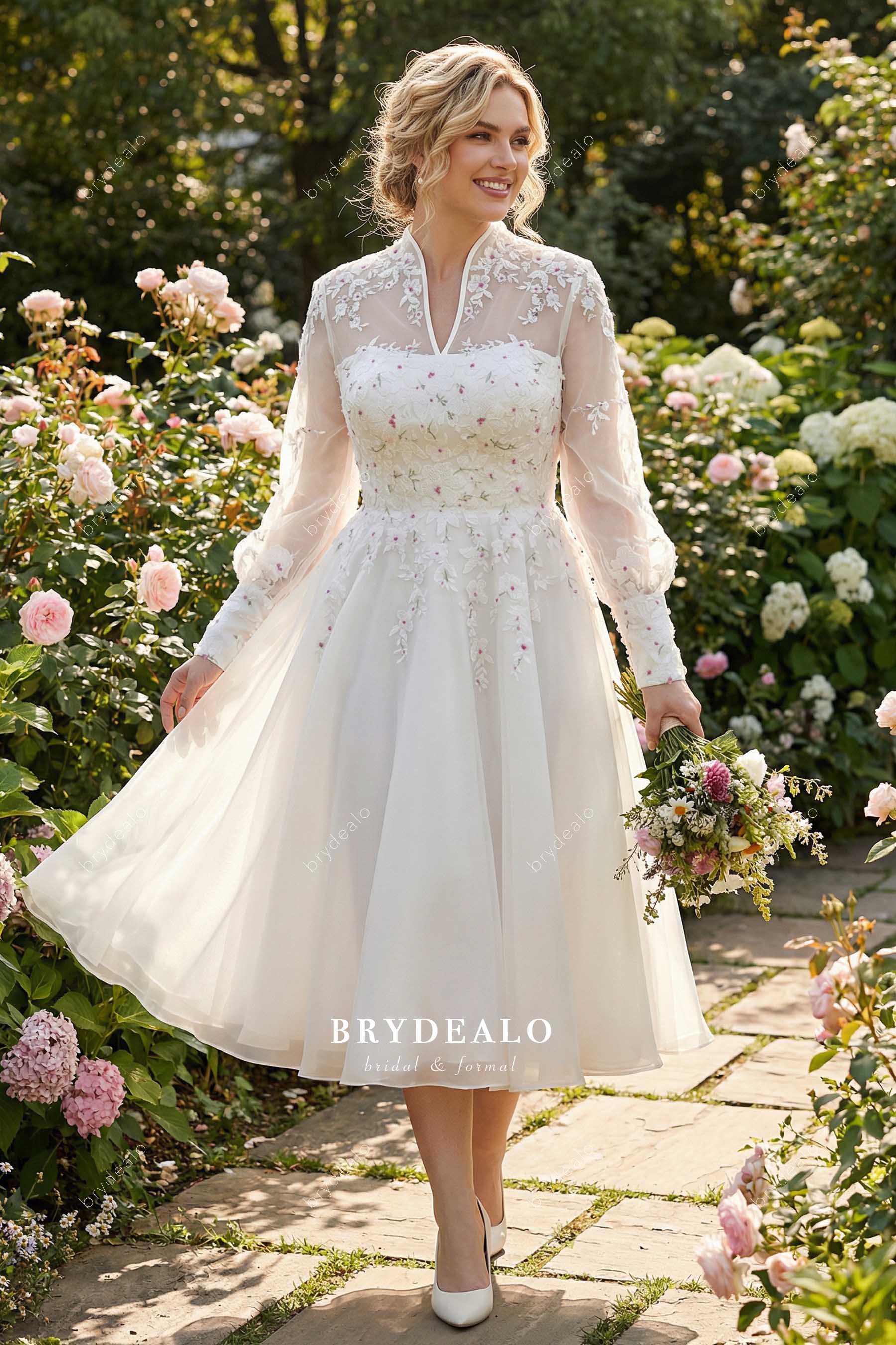 long sleeves short casual wedding dress