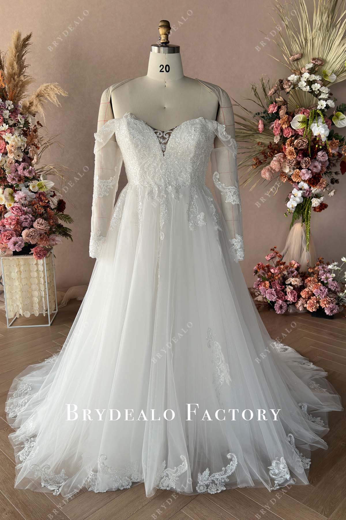 off shoulder long sleeves wedding dress