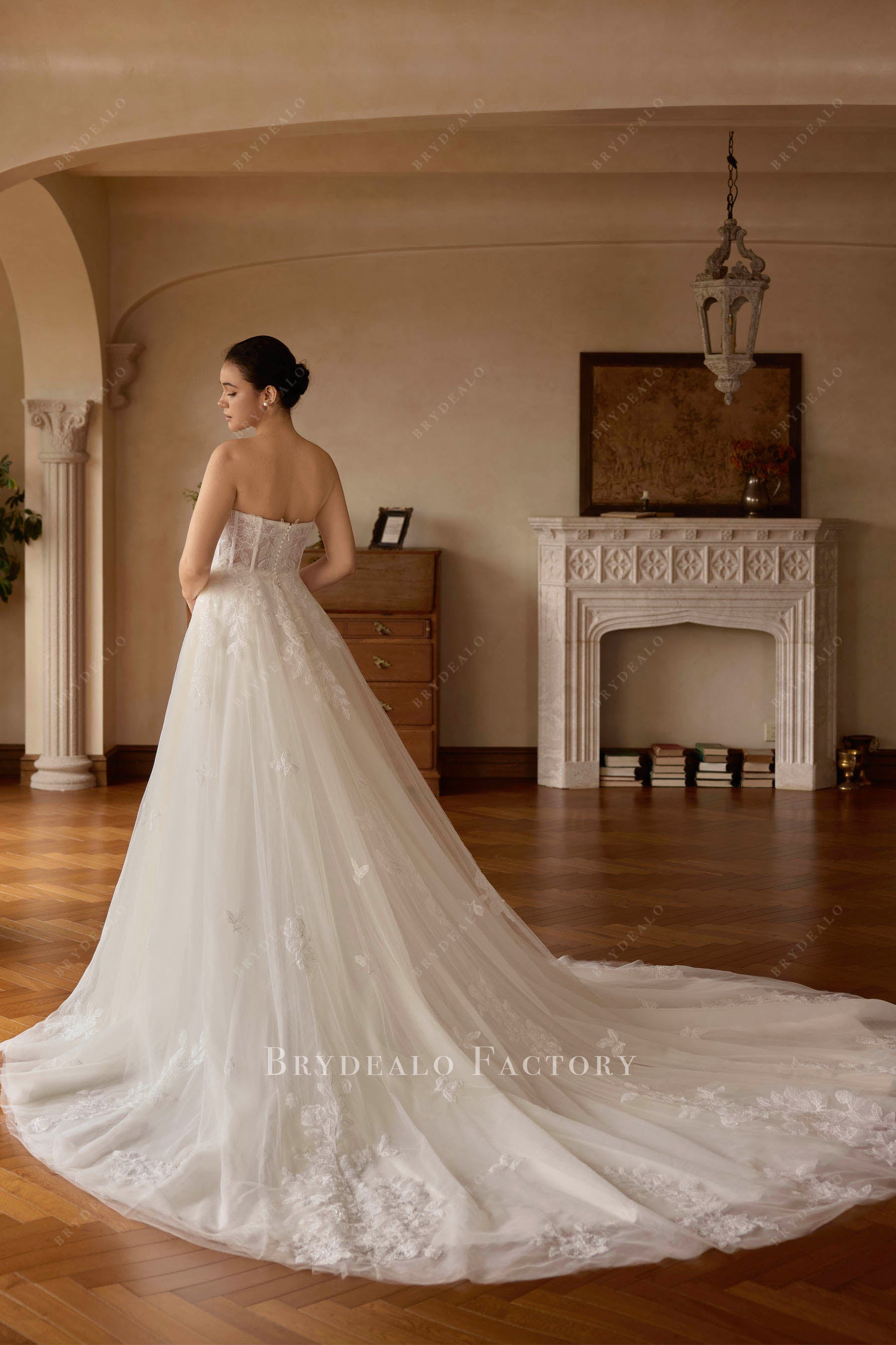 long strapless A-line wedding dress