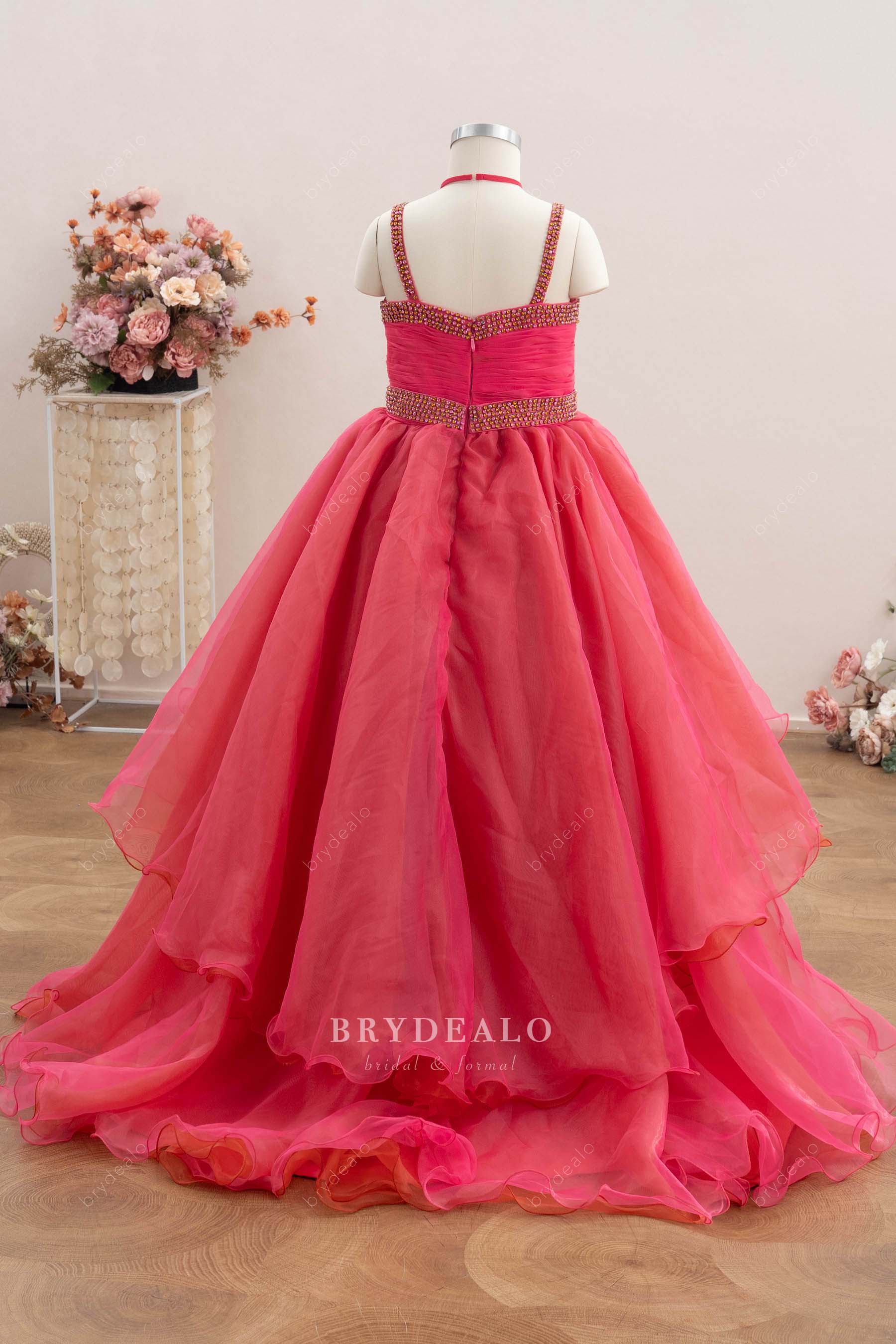 long tiered organza kids pageant gown