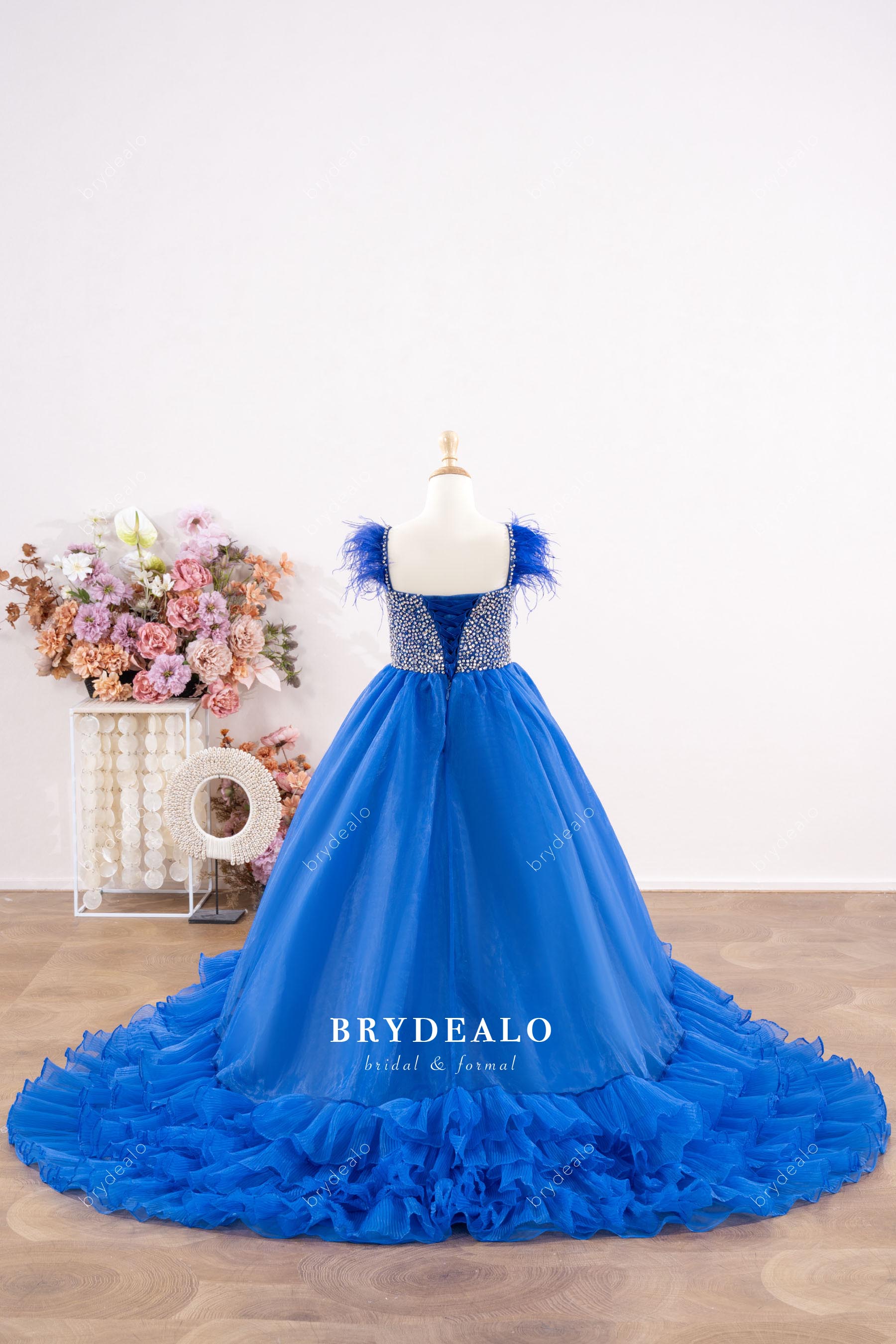 long tiered train junior pageant gown