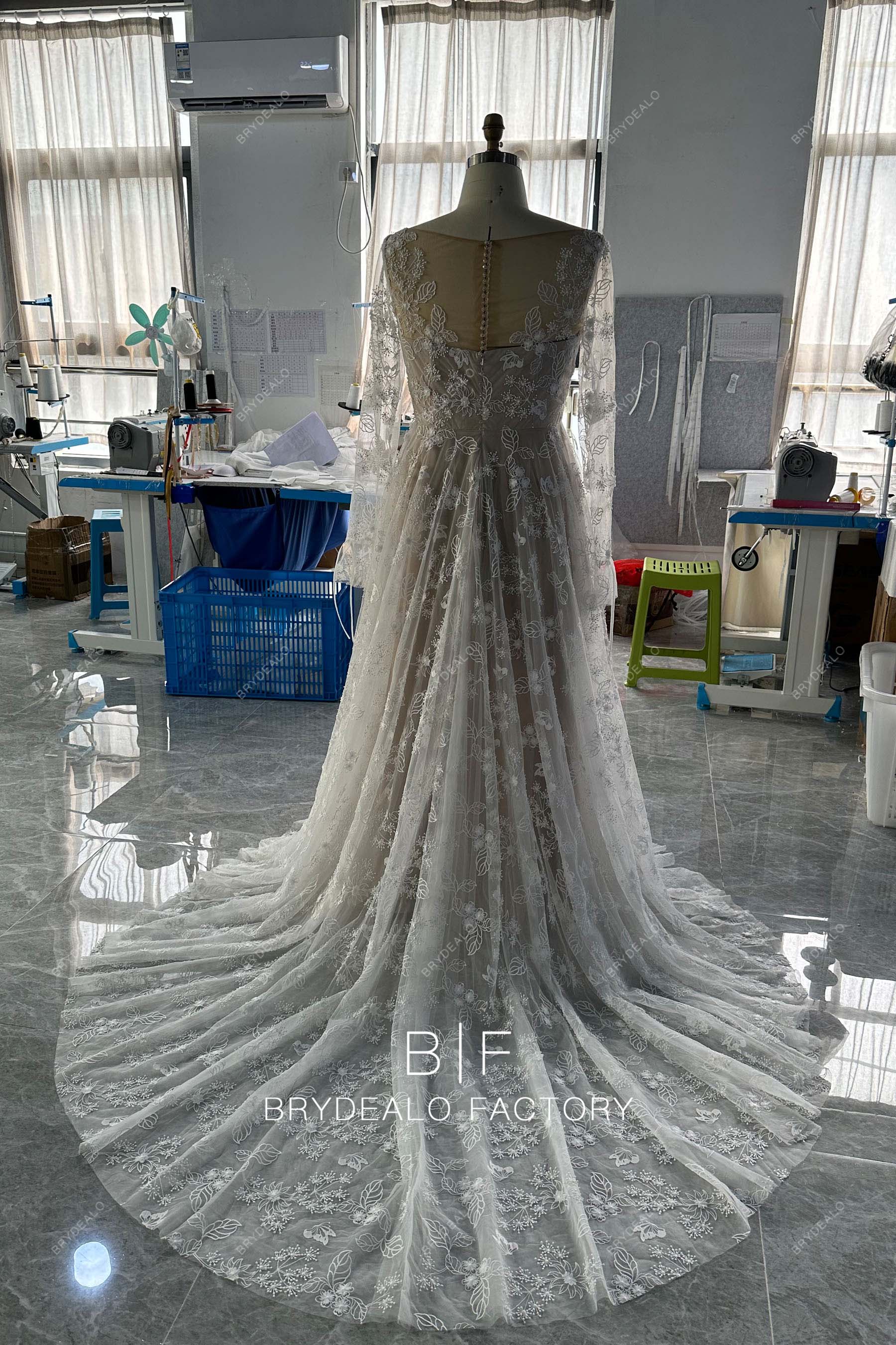 Plus Size Custom Boho Lace Plunging Neck Bridal Dress