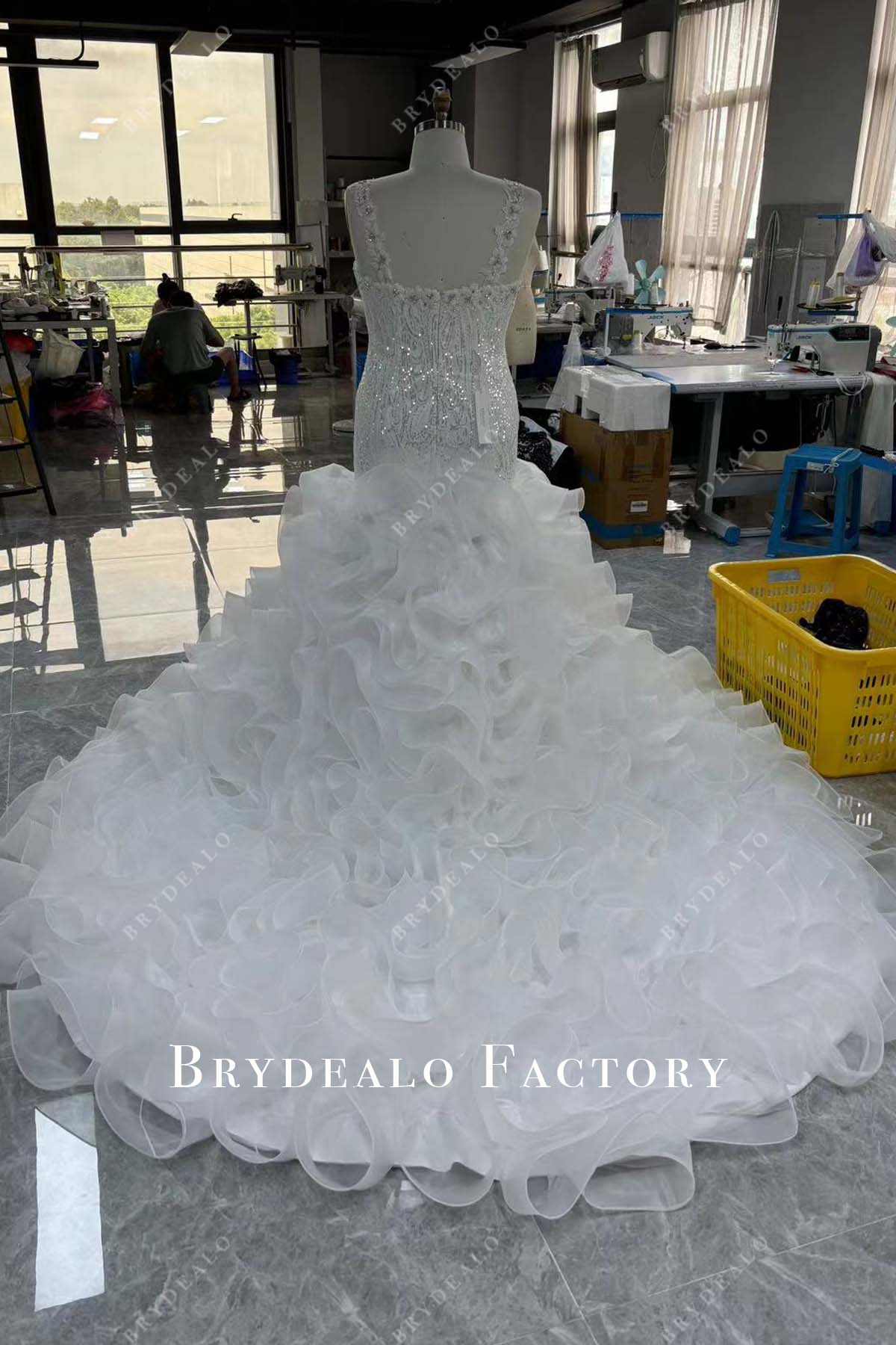 trumpet ruffled long train plus size wedding gown