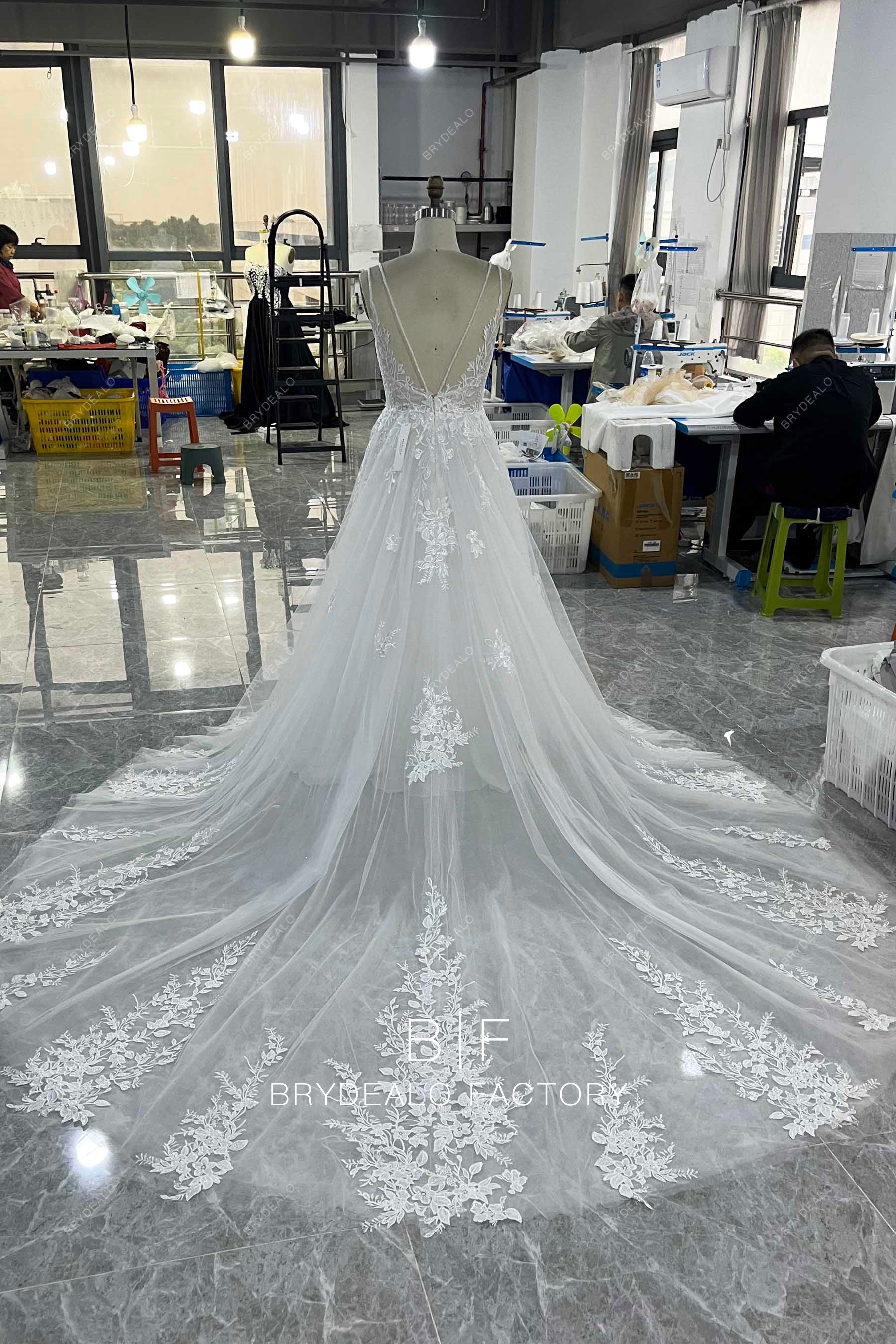 long train lace tulle wedding gown