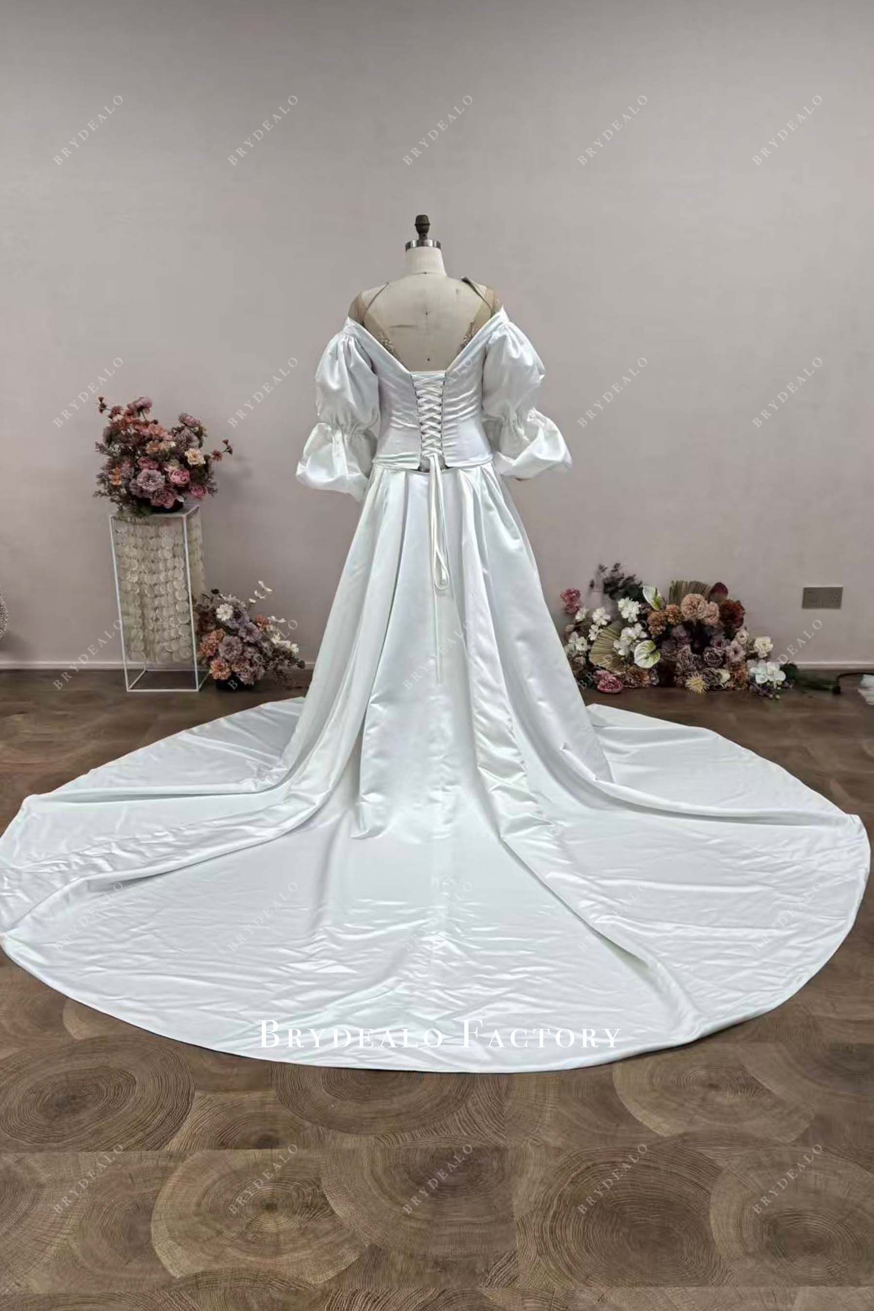 Glossy Satin Custom Beaded Embroidery Wedding Dress