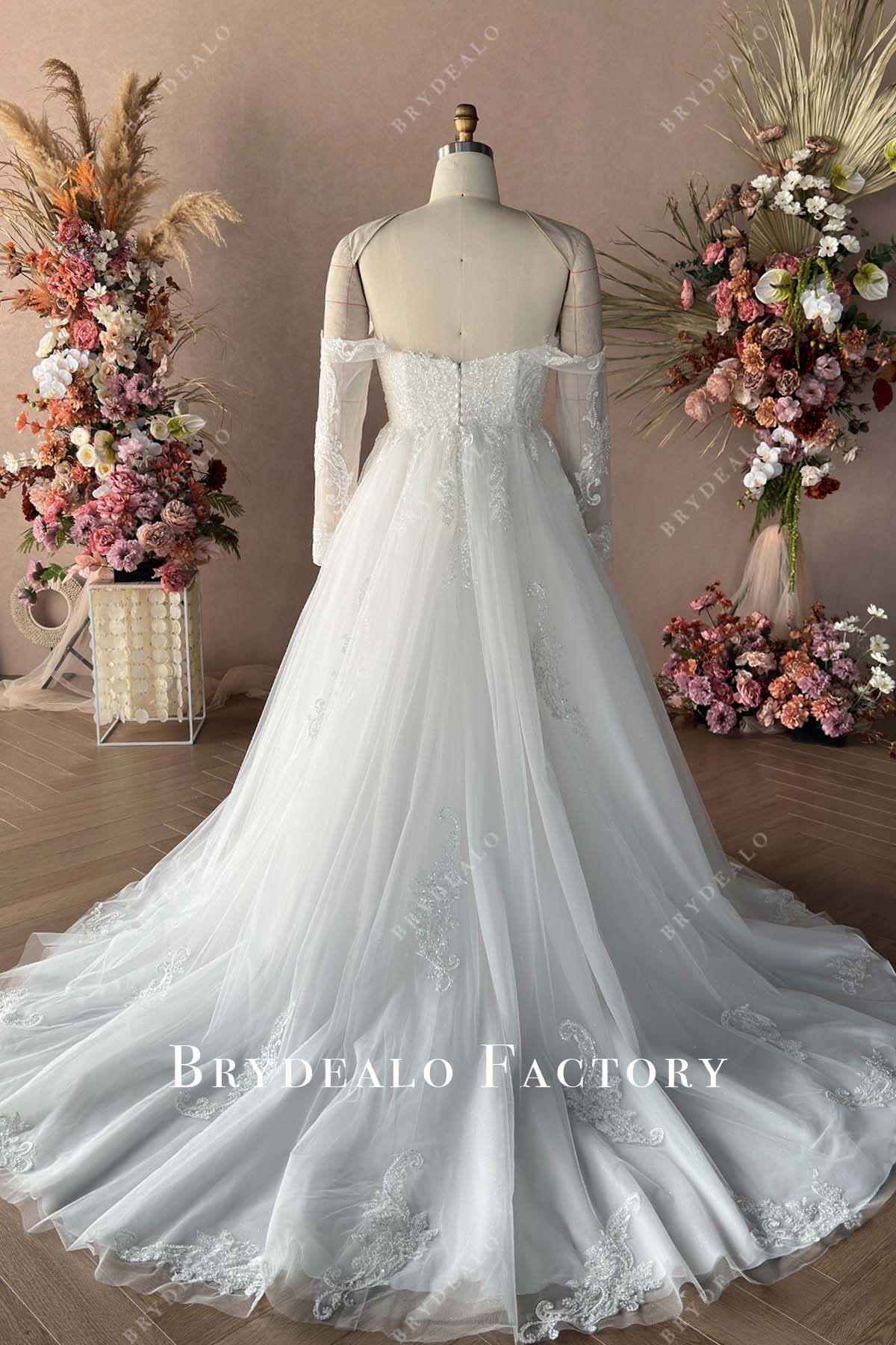 open back long train plus size bridal gown