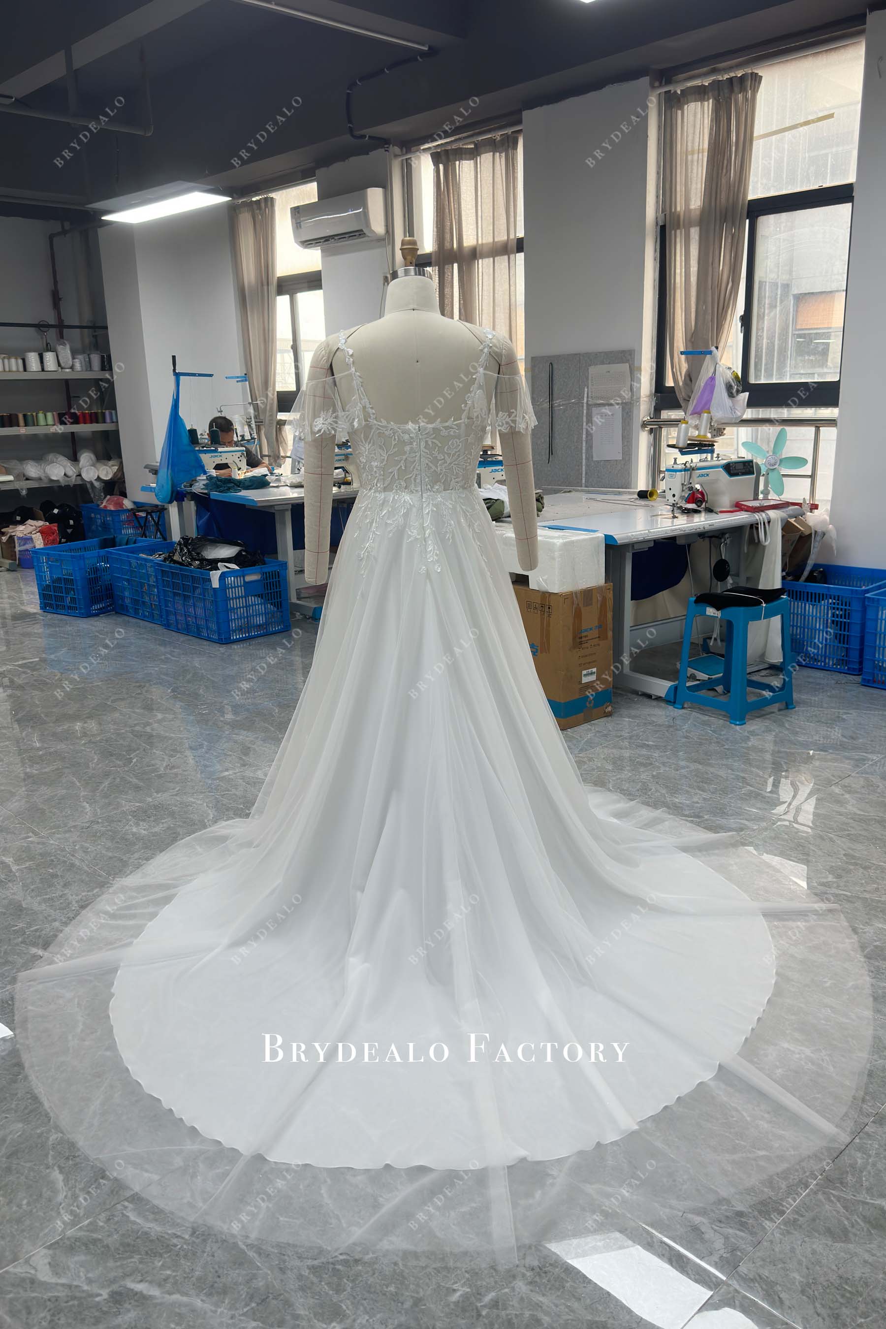 Long Train Off Shoulder Flutter Sleeves Wedding Dress