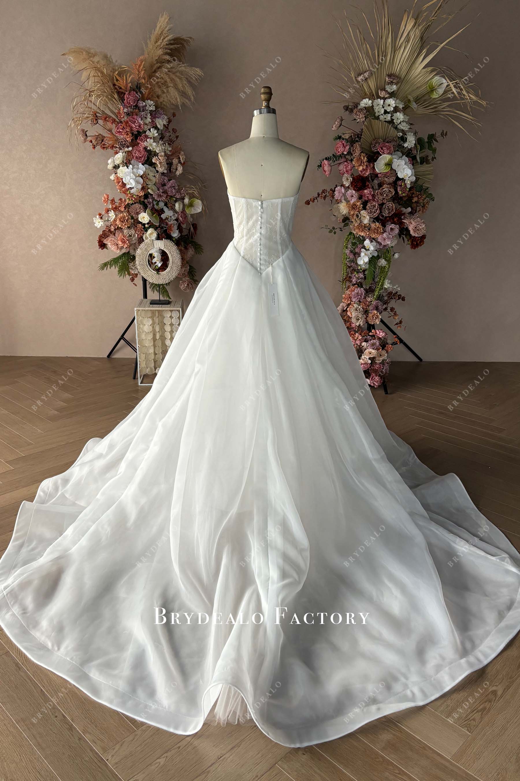 Custom Lace Long Train Strapless Wedding Dress