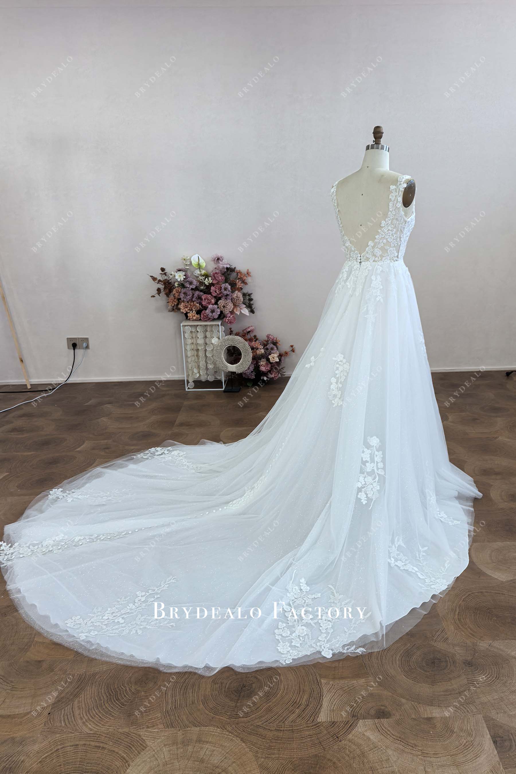 long train open back lace wedding dress
