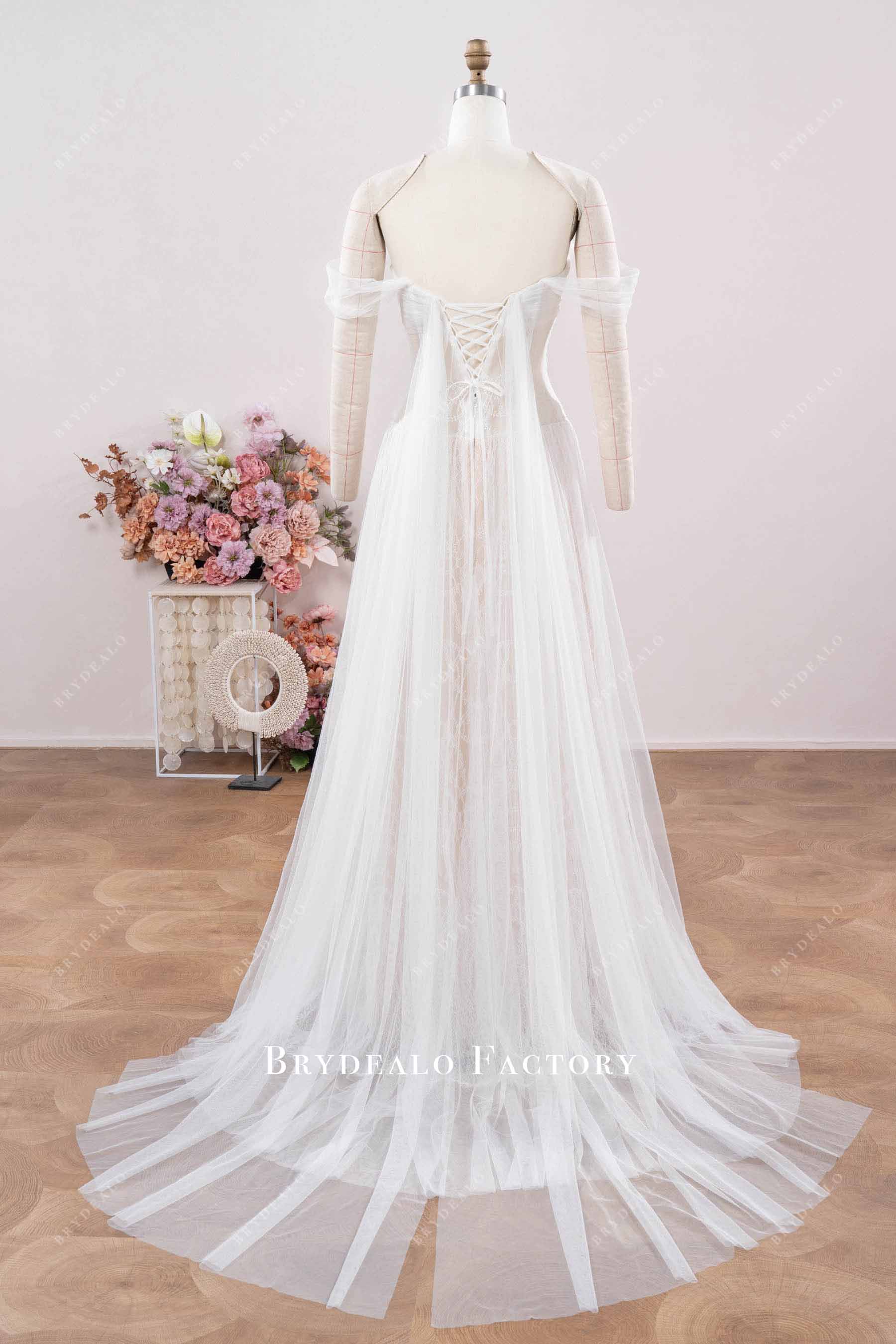long tulle panel destination wedding dress