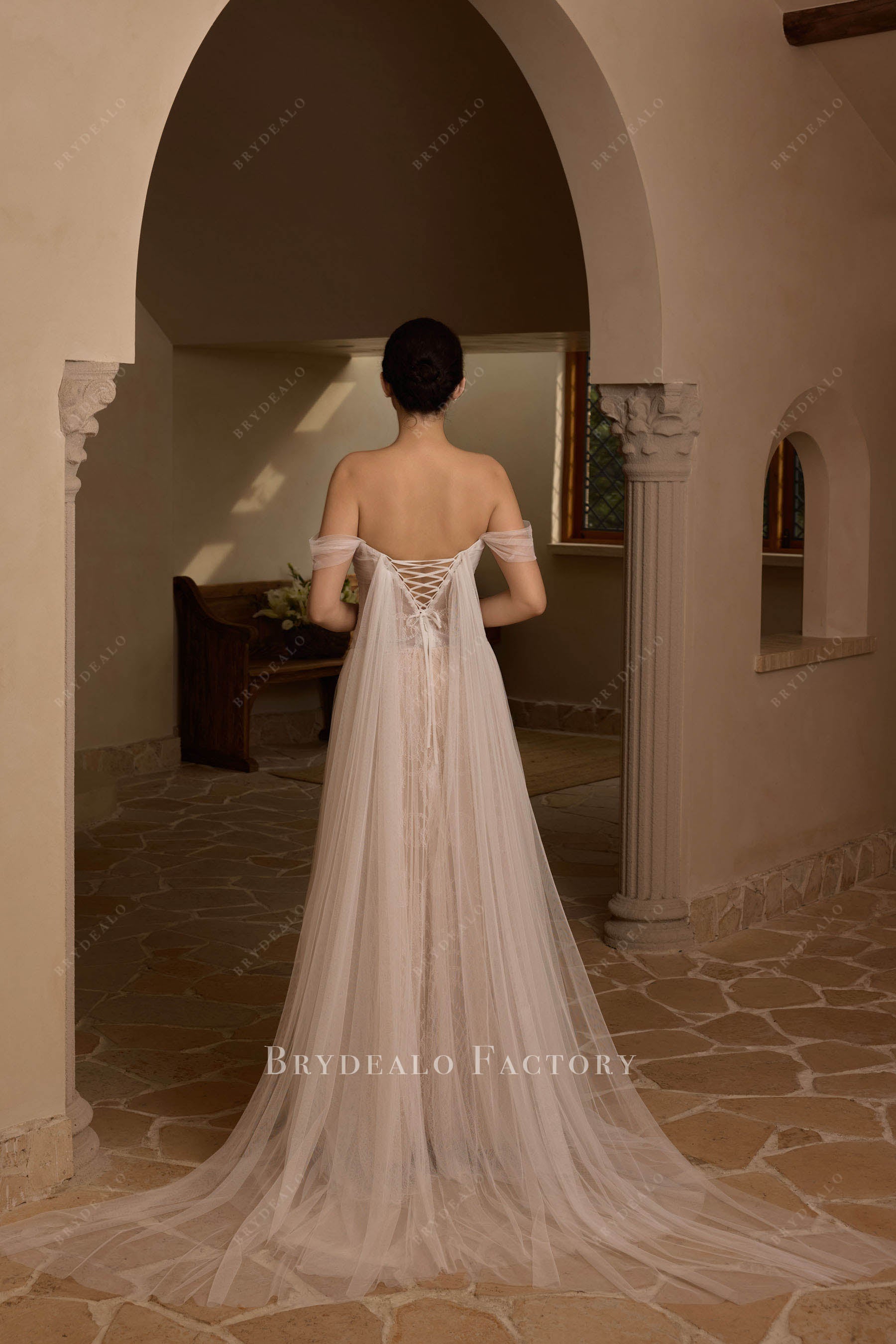 long tulle panel wedding dress