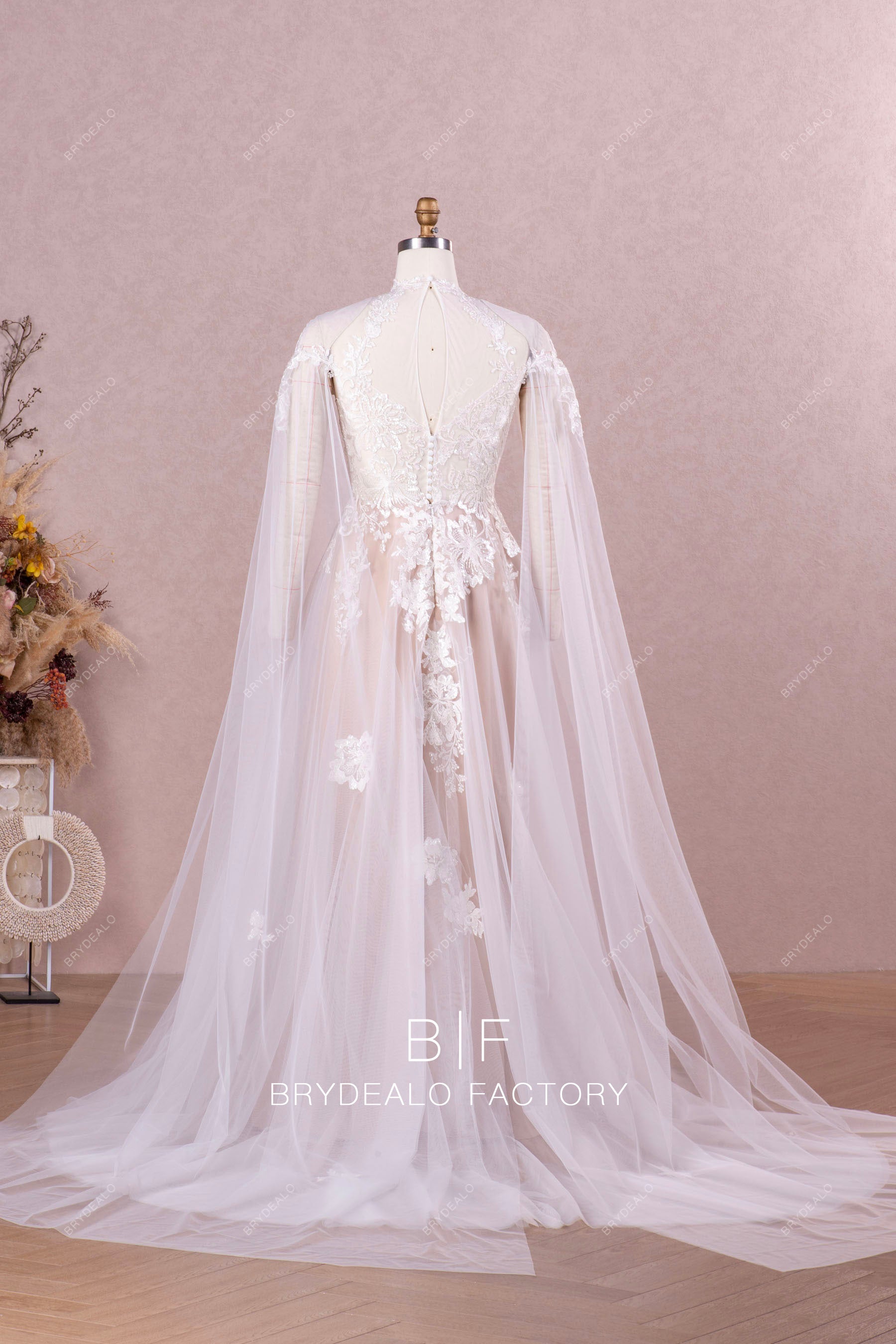 long tulle sleeve lace bridal gown