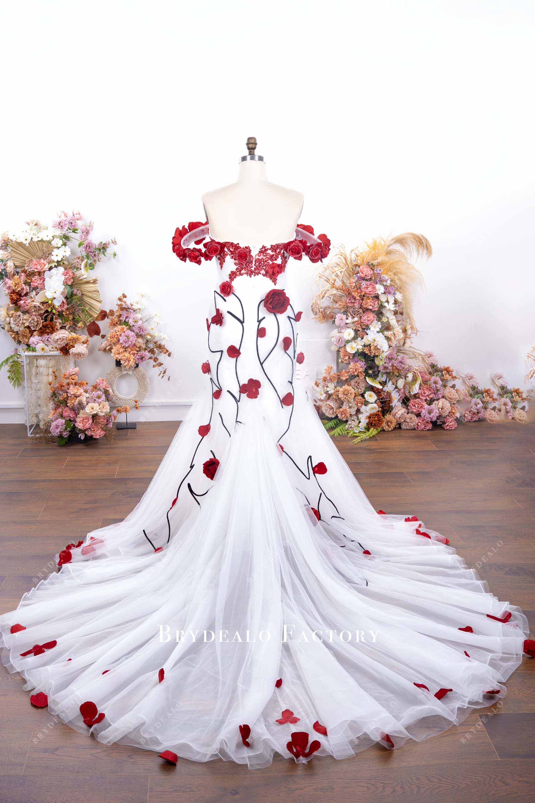 long white dress with red flower