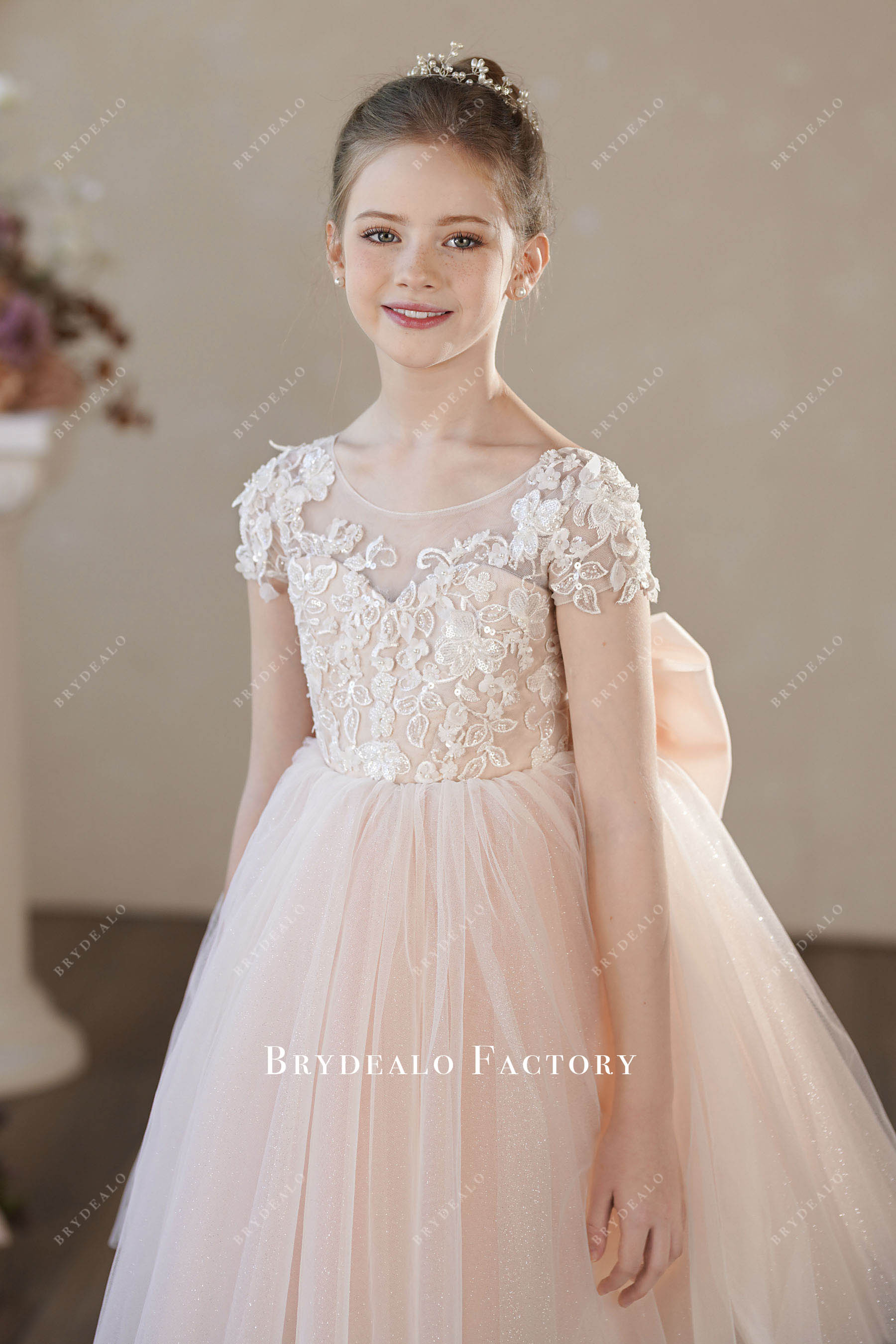 Luxury Beaded Flower Lace Shimmery Tulle Flower Girl Dress