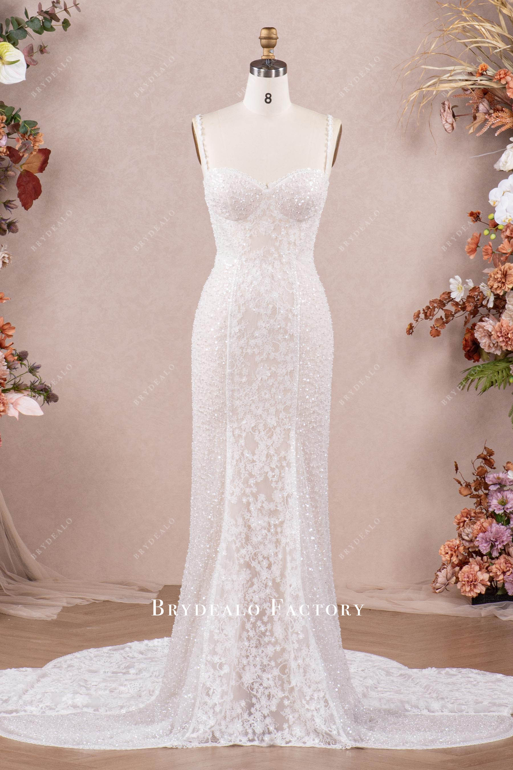 luxury beaded flower lace wedding dress