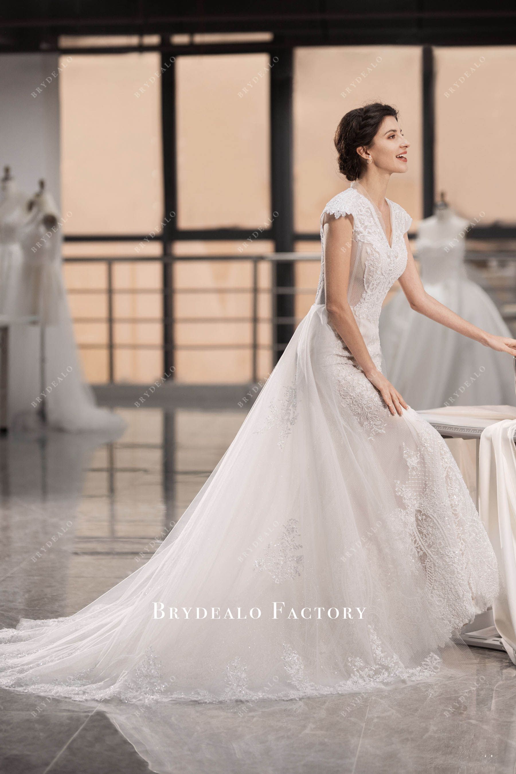 luxury beaded lace wedding dress with detachable overskirt