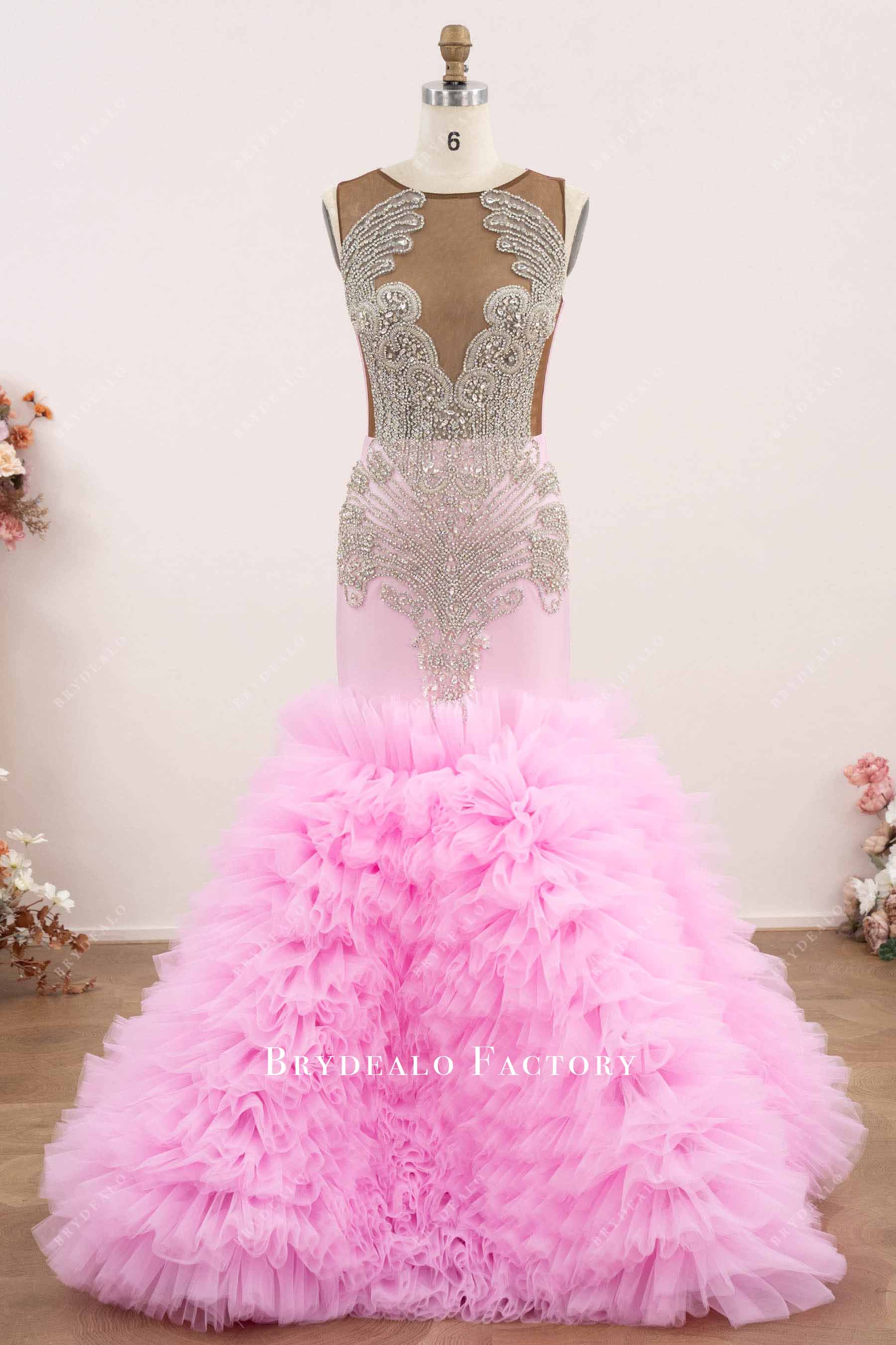 luxury candy pink tulle trumpet prom dress