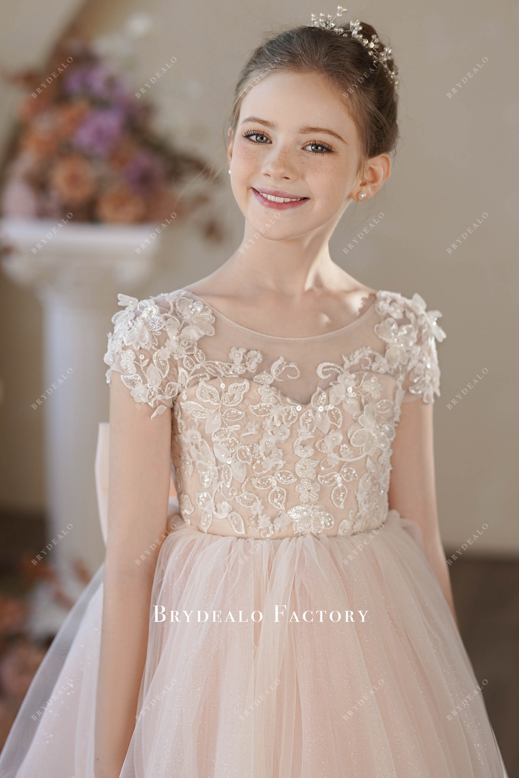 Luxury Beaded Flower Lace Shimmery Tulle Flower Girl Dress