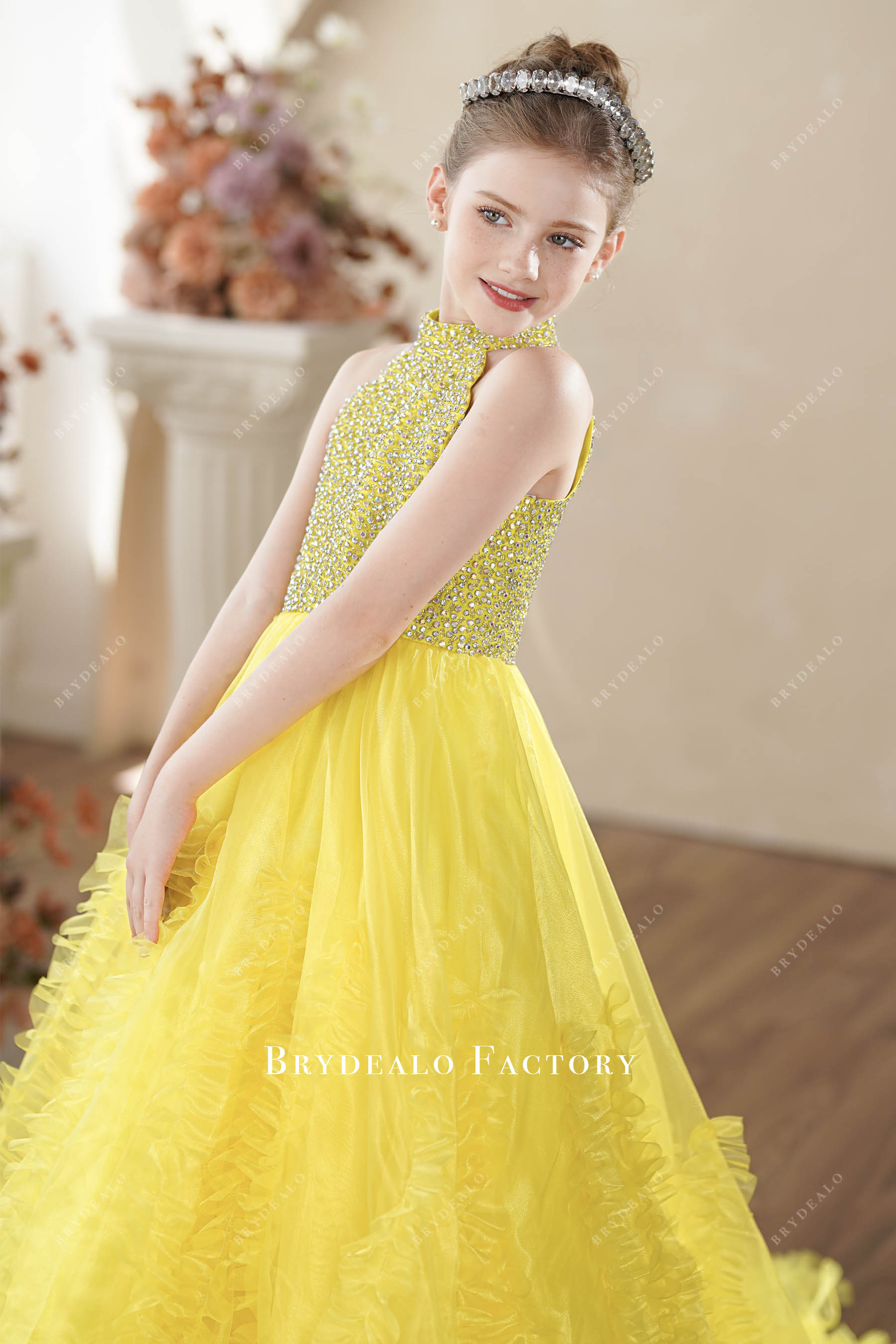 Luxury Yellow Rhinestone Halter Ruffled Young Girl Pageant Dress