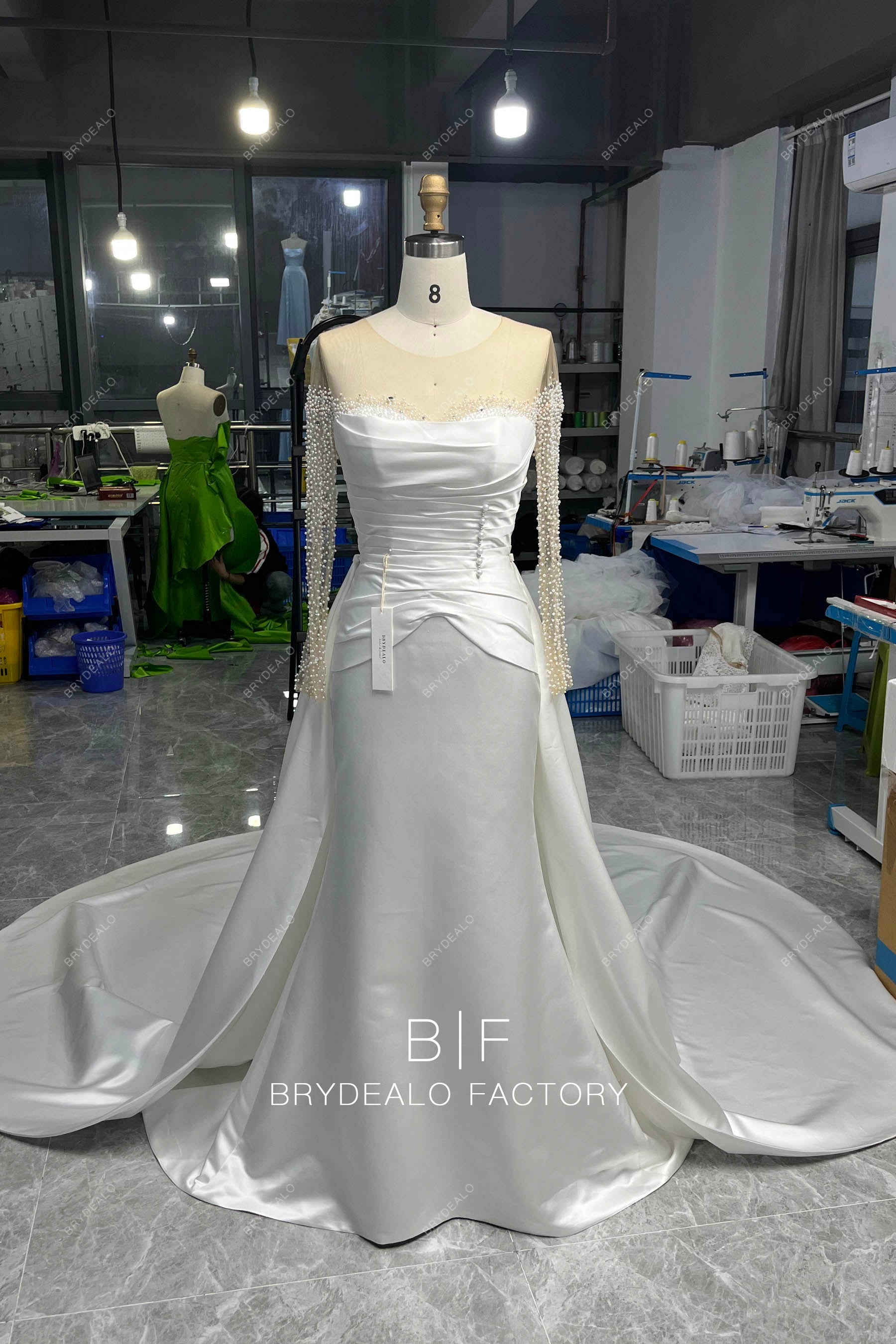 luxury pearl satin wedding dress