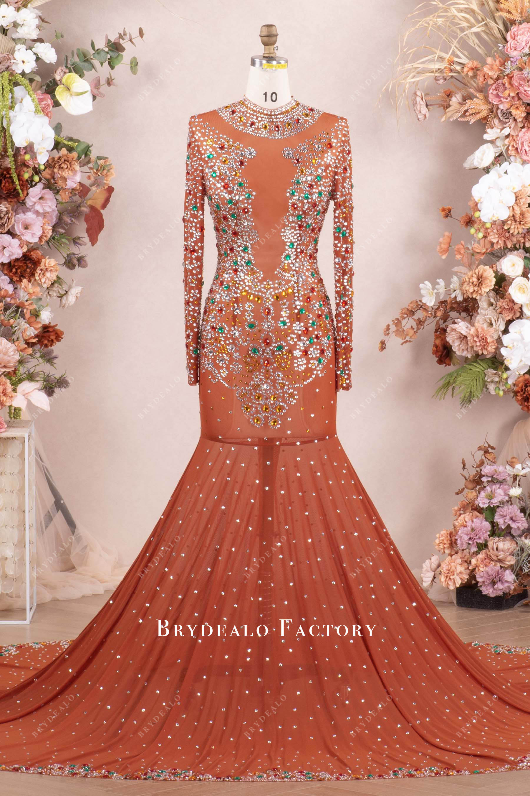 luxury rhinestone tan prom dress