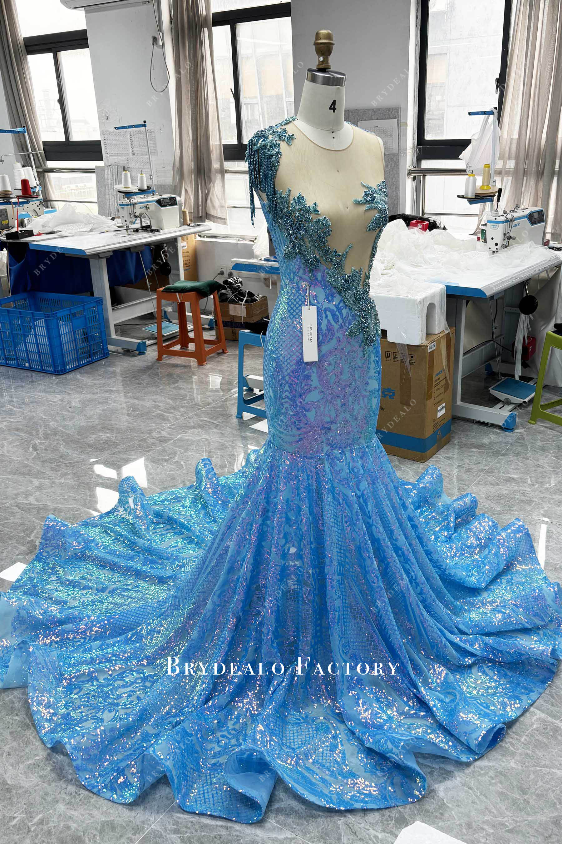 luxury rhinestone tassel sequin prom dress