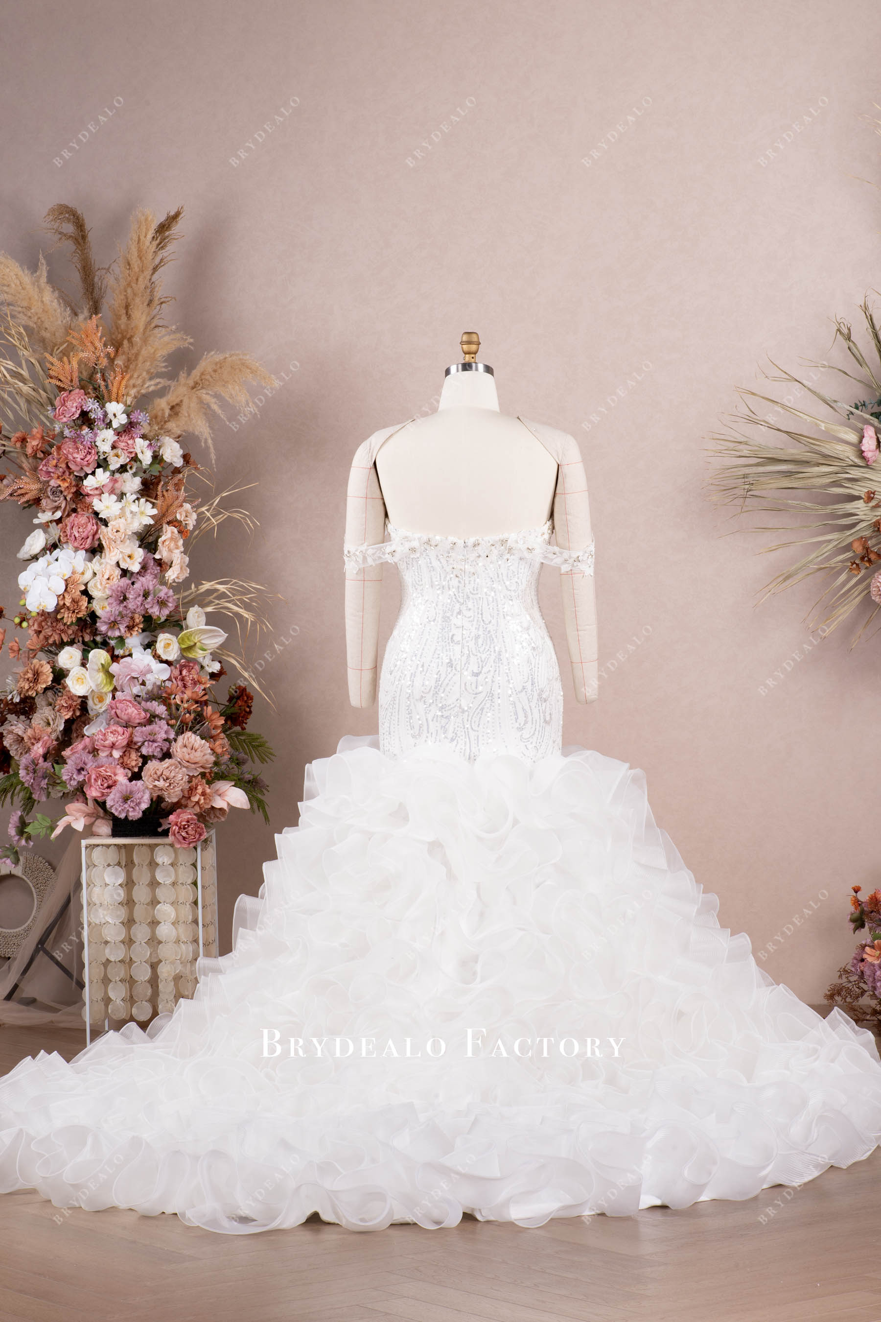 luxury ruffled train wedding gown