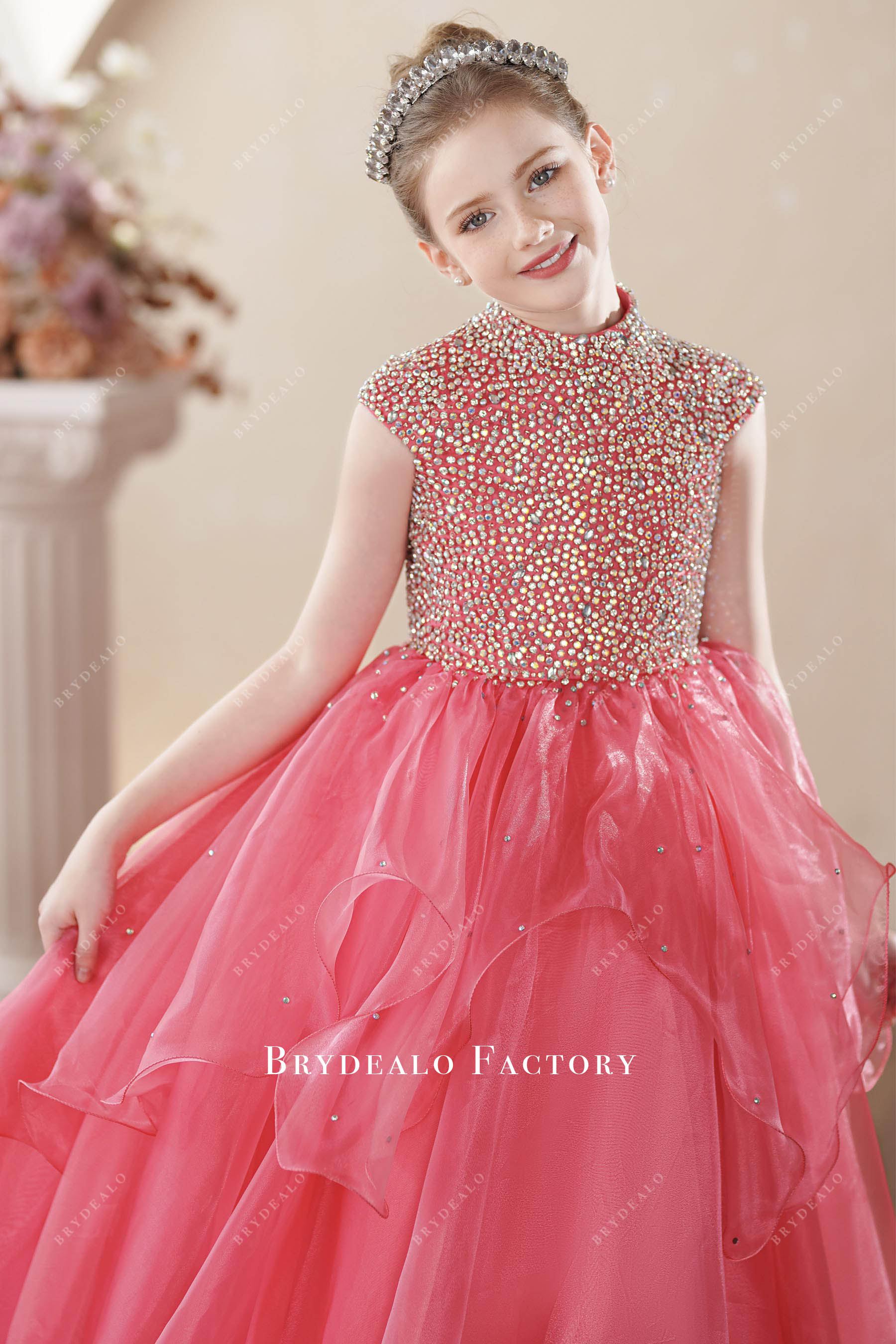 pink kids dress Luxury Rhinestone High Neck Ruffled Kids Ballgown